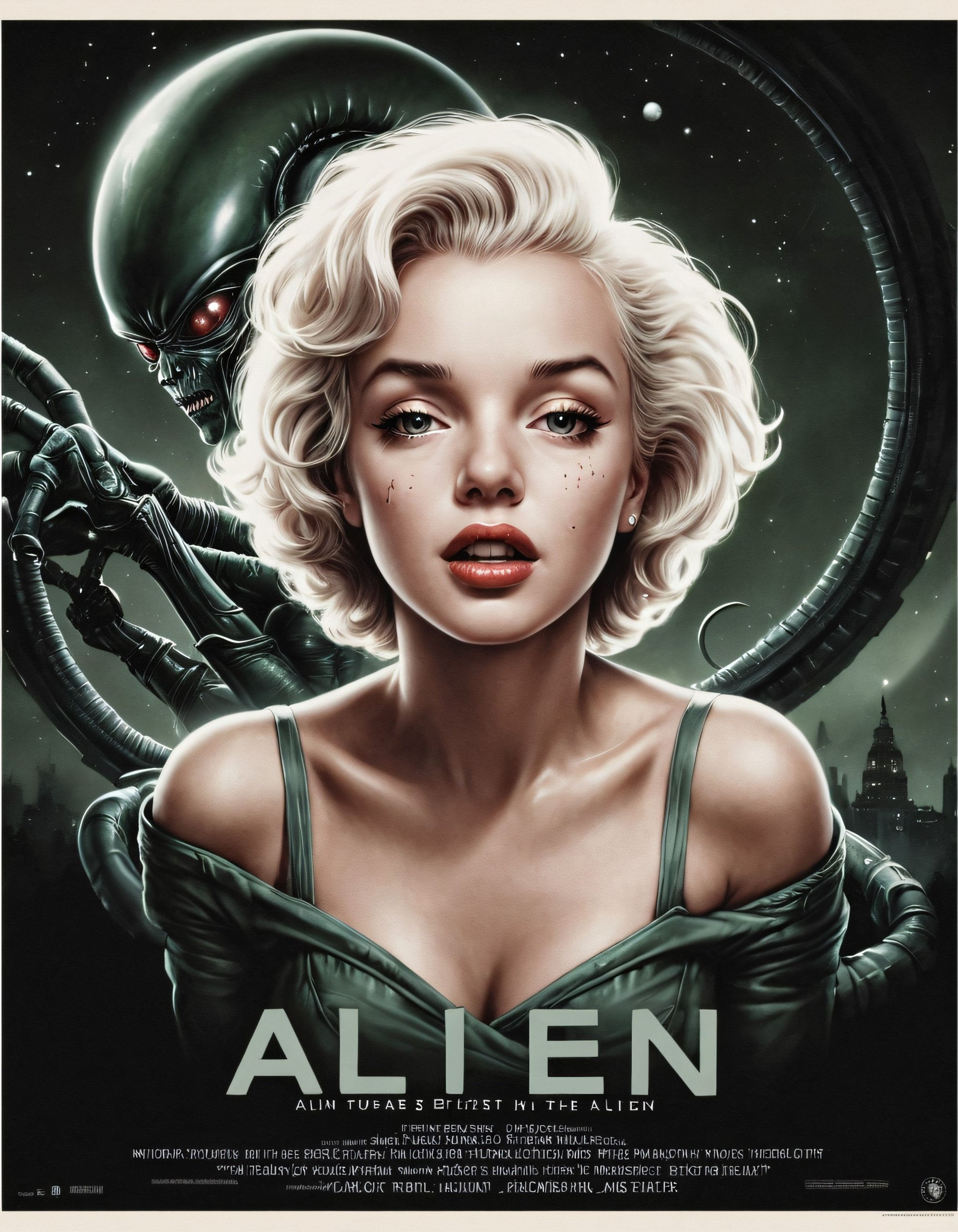 movie poster, marylin monroe lead role in alien, (letters ALIEN), movie alien, (ALIEN), classic movie poster