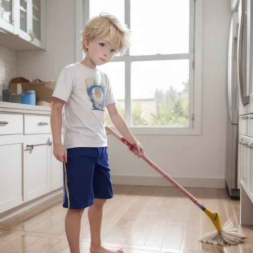 <lora:F916979197:0.75> A blond boy, 12-years-old, wearing a T-Shirt and shorts, barefoot, mopping the floor