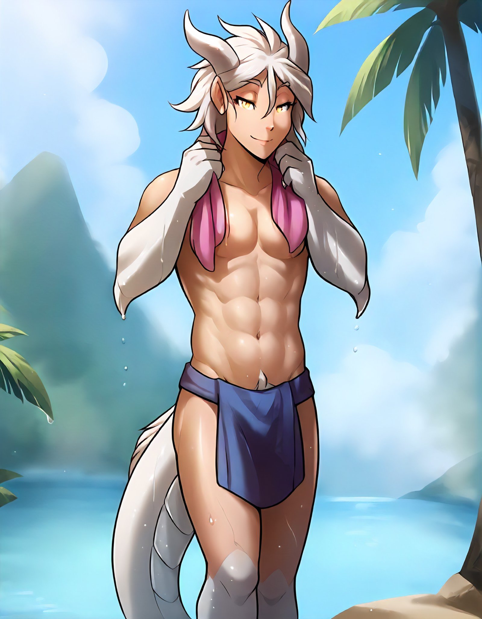 score_9, score_8_up, score_7_up, score_6_up,source_furry,rating_explicit, (solo:1.2), 1boy male muscular, wet fur, wet hair, walking out of the shower, towel around waist, (hands in hair:1.3), eyes closed, fluffy tail, beach hut, tropical, palm tree,, <lora:Human_Nora_TwoKinds_PDXL_epoch_6:1>, tkhumannora, anthro, female, solo, dragon, dragon humanoid, claws, white scales, yellow eyes, white hair