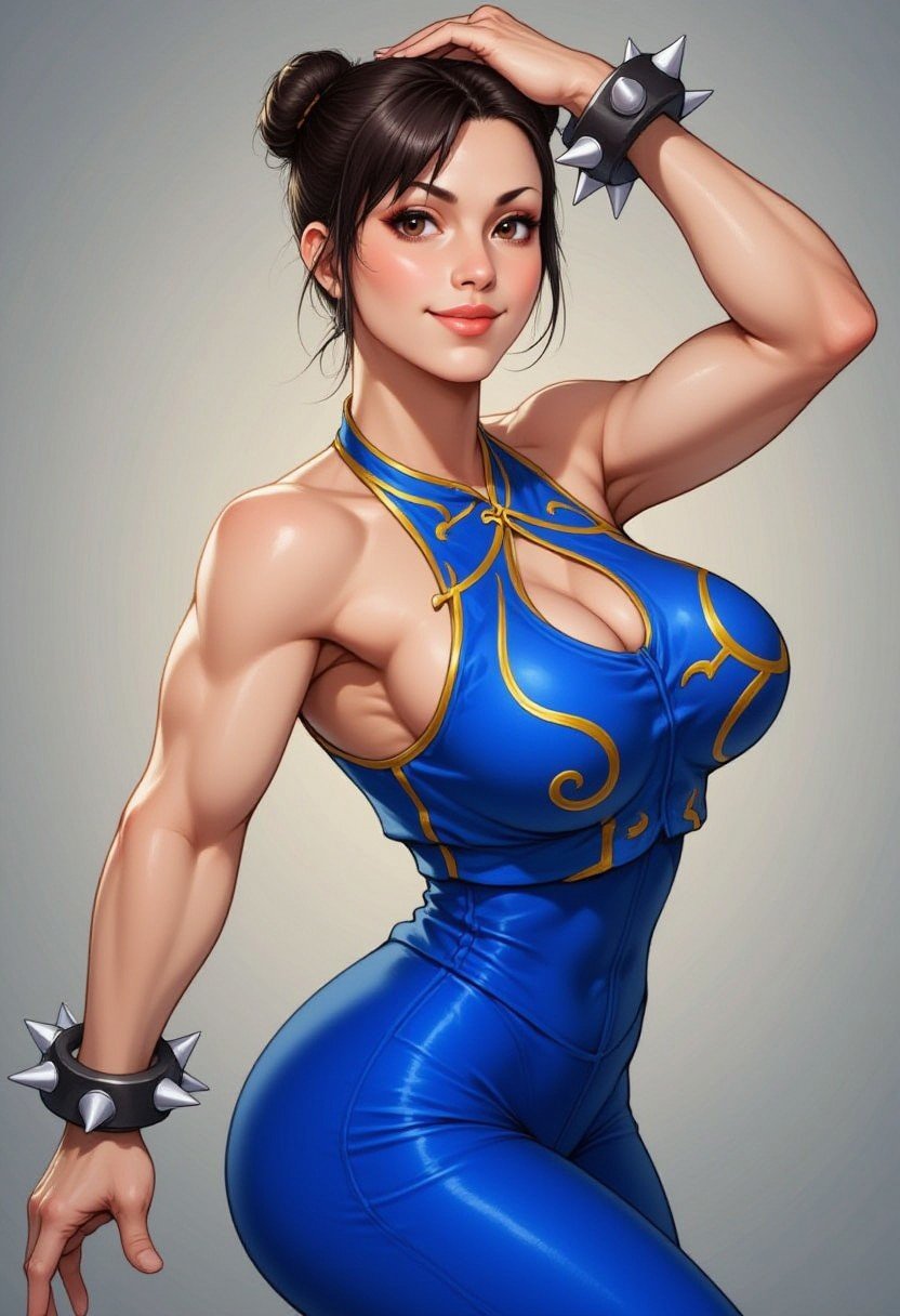 Chunli, blue sleeveless halter top, blue-full-leotard, spiked bracelet, thigh-shot