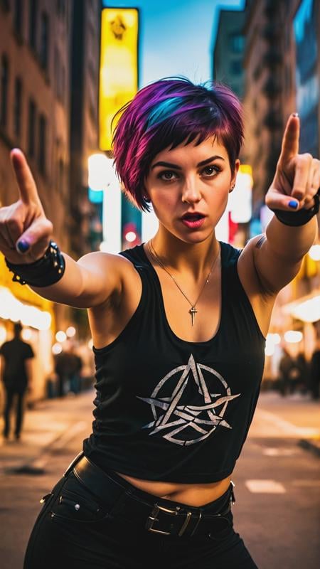 Raw photo of a anarchist emogirl in fight pose, short hair, fingers gesture, detailed face, detailed fingers, from bottom, street view, poster posing, cityscape in the background, funny, sense of urgency and power, aesthetic, depth of field, noir, high contrast, colorful, photograph poster, hyper detailed, cinematic lighting, soft shadows, fractal, sharp focus, best quality, ISO 100, 16K resolution.