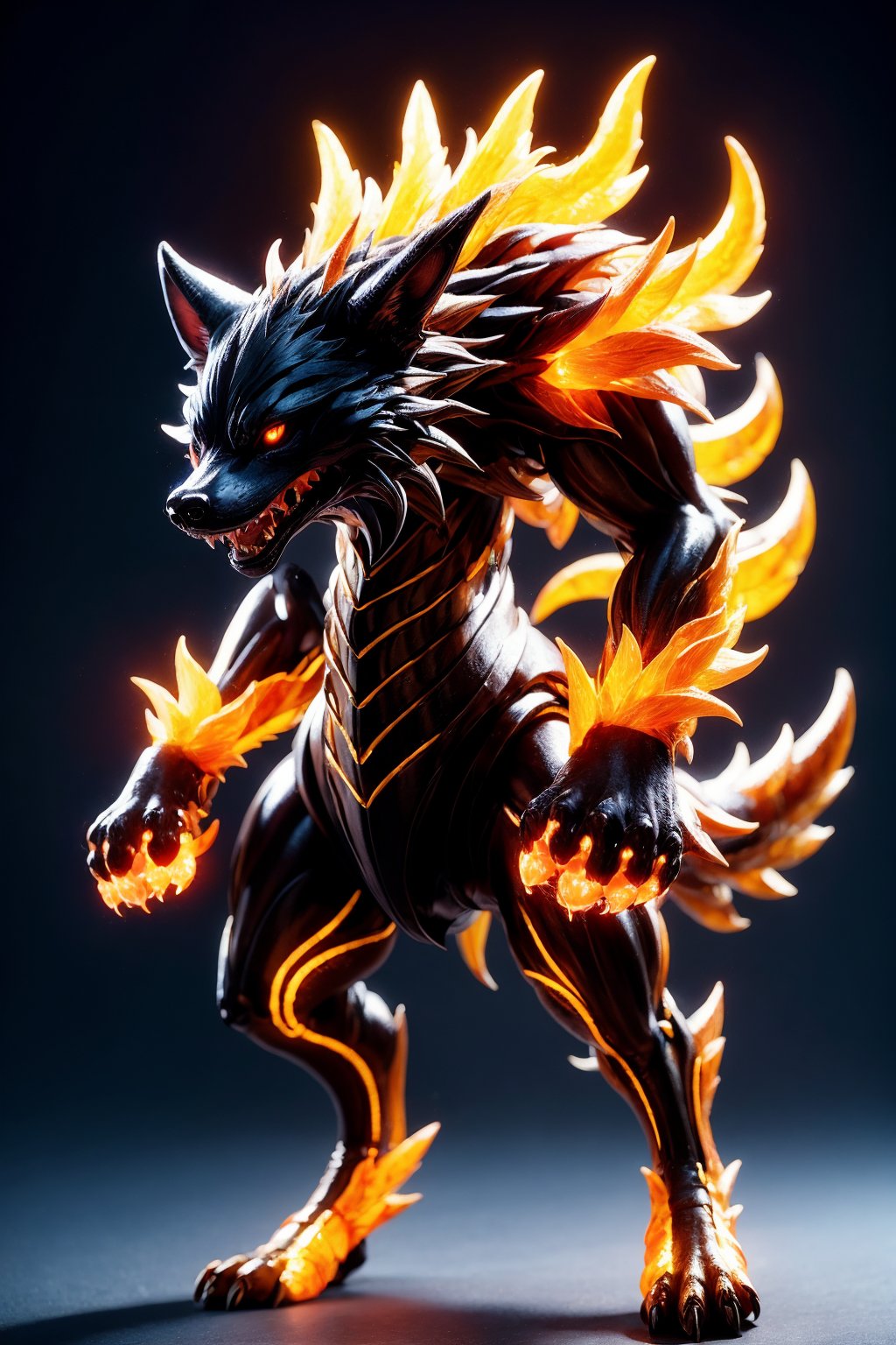 no humans, red eyes, sharp teeth, claws, teeth, solo, full body, open mouth, black background, wolf, fangs, simple background, colored sclera, looking at viewer, animal focus, dog, glowing, standing, tail, orange eyes