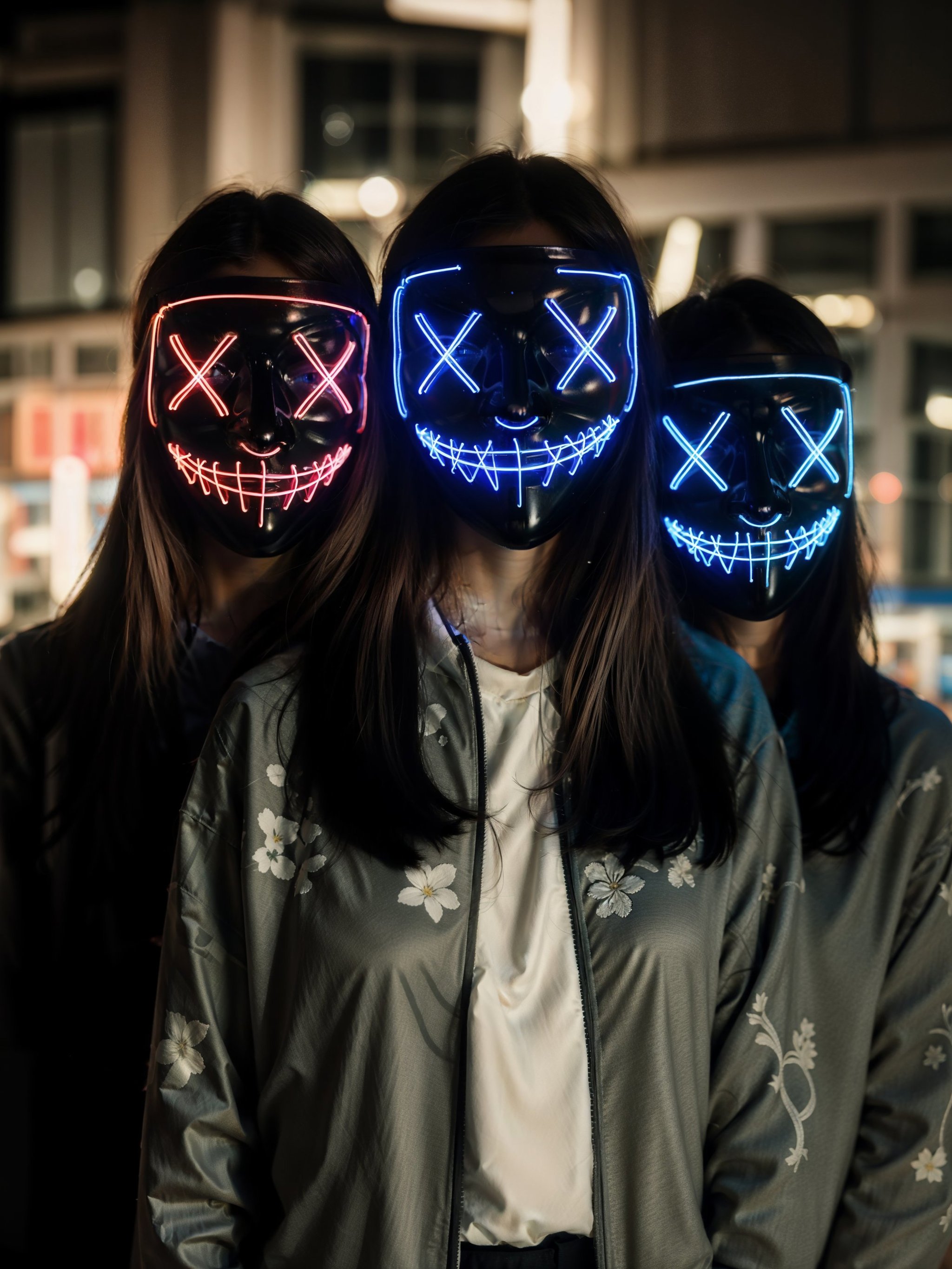 anonymousmaskneon, close up, 3girls, multiple girls, portrait, long hair, professional photo , night, aesthetic, natural light, highly detailed, (highly detailed background), detailed textures, wide angle, 8k, HDR, professional photoshoot, high quality photo, realistic photo, realistic shadows, detailed shadows, realistic proportions,film grain, raw photo, (raytracing)\ <lora:AnonymousMaskNeon:0.7>