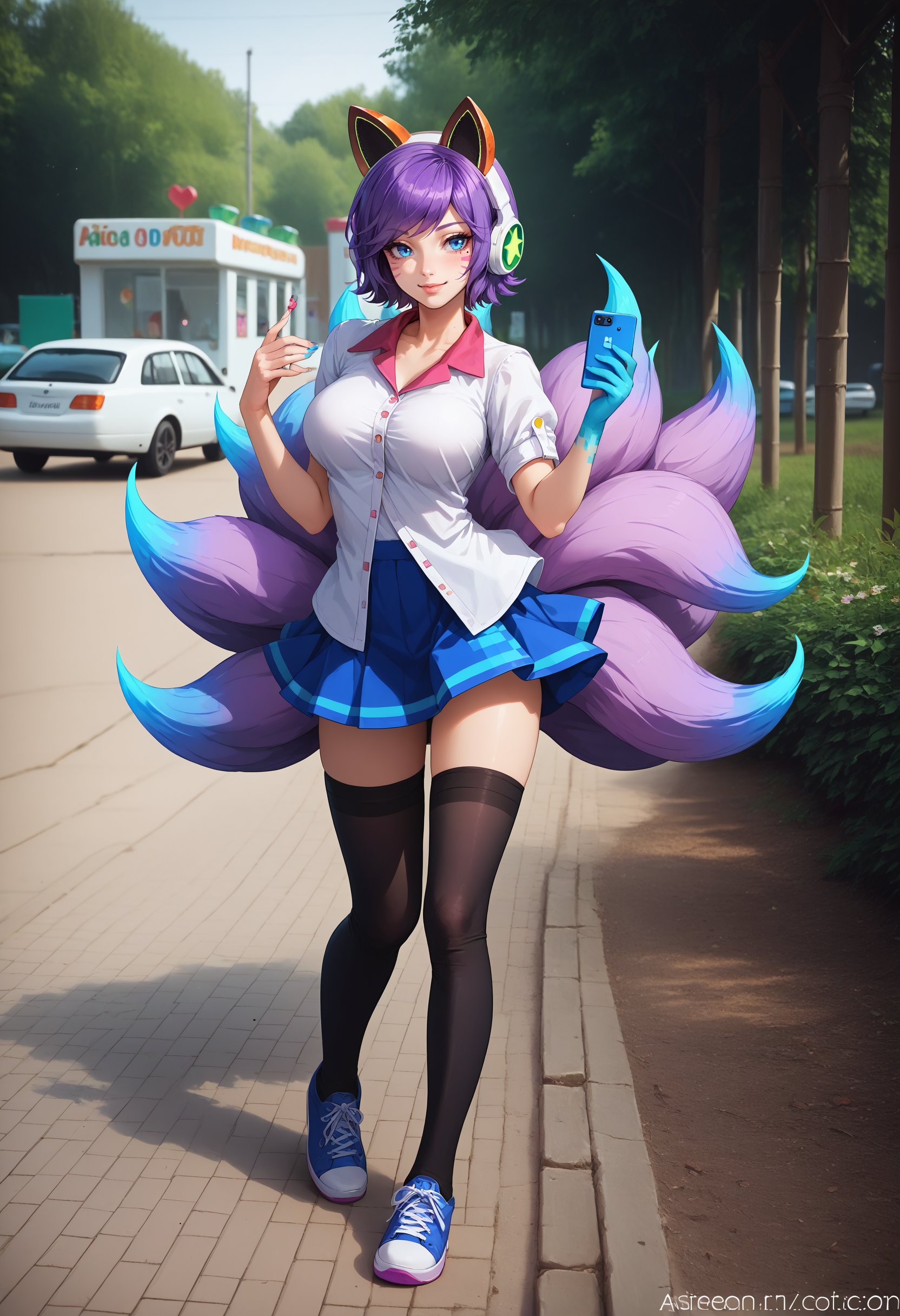 score_9, score_8_up, score_7_up, 1girl, solo, full body, standing, seductive smile, outdoors, Ahriarcade, animal ear headphones, fox tail, multiple tails, facial mark, mole under eye, short hair, purple hair, blue eyes, blue hand, large breasts, <lora:Ahri_Arcade_pdxl_Incrs_v1:0.9>, shirt, skirt, black thighhighs,  <lora:youForgotToTakeYourPills_v2:1>, animeirl, outdoors, phone, 