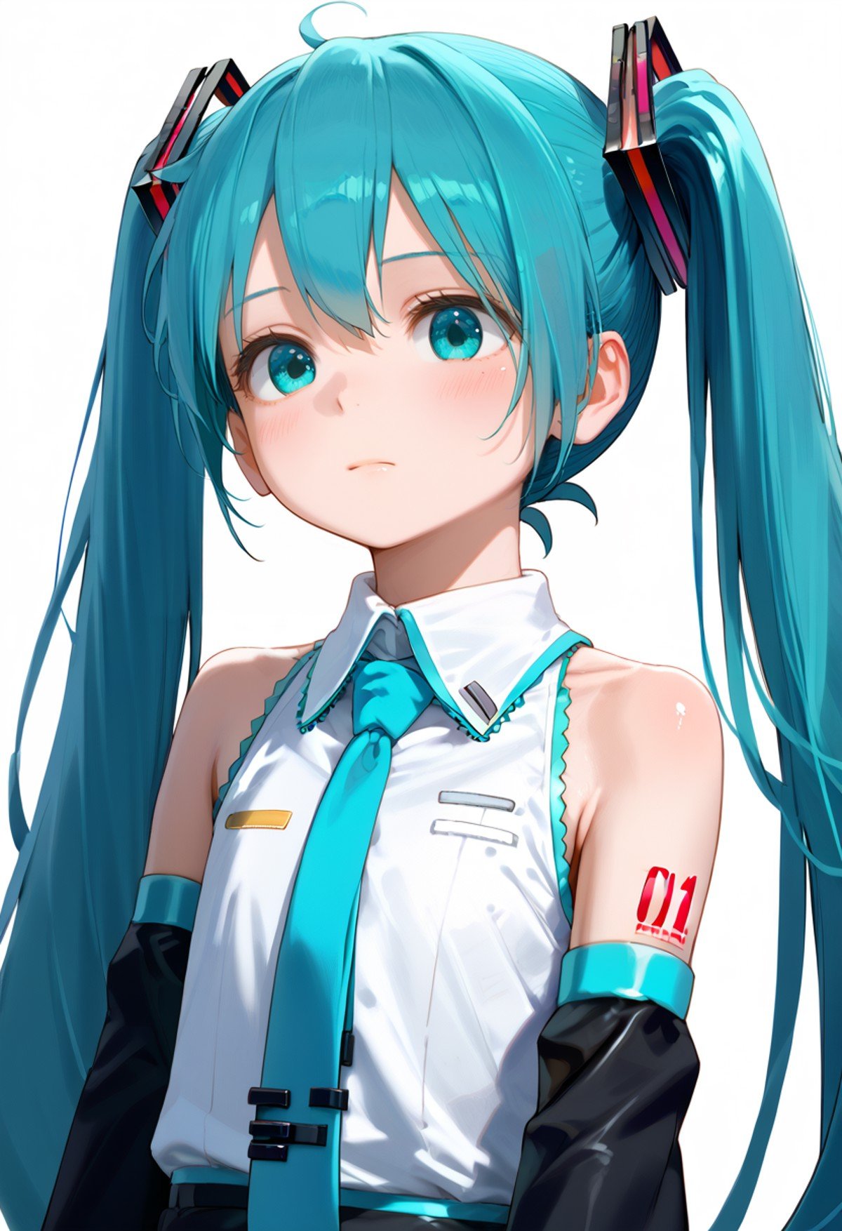 score_9, score_8_up, score_7_up, score_6_up, score_5_up, score_4_up,1girl,hatsune miku,solo,long hair,twintails,necktie,detached sleeves,aqua hair,aqua eyes,white background,shirt,simple background,hair ornament,upper body,black sleeves,sleeveless