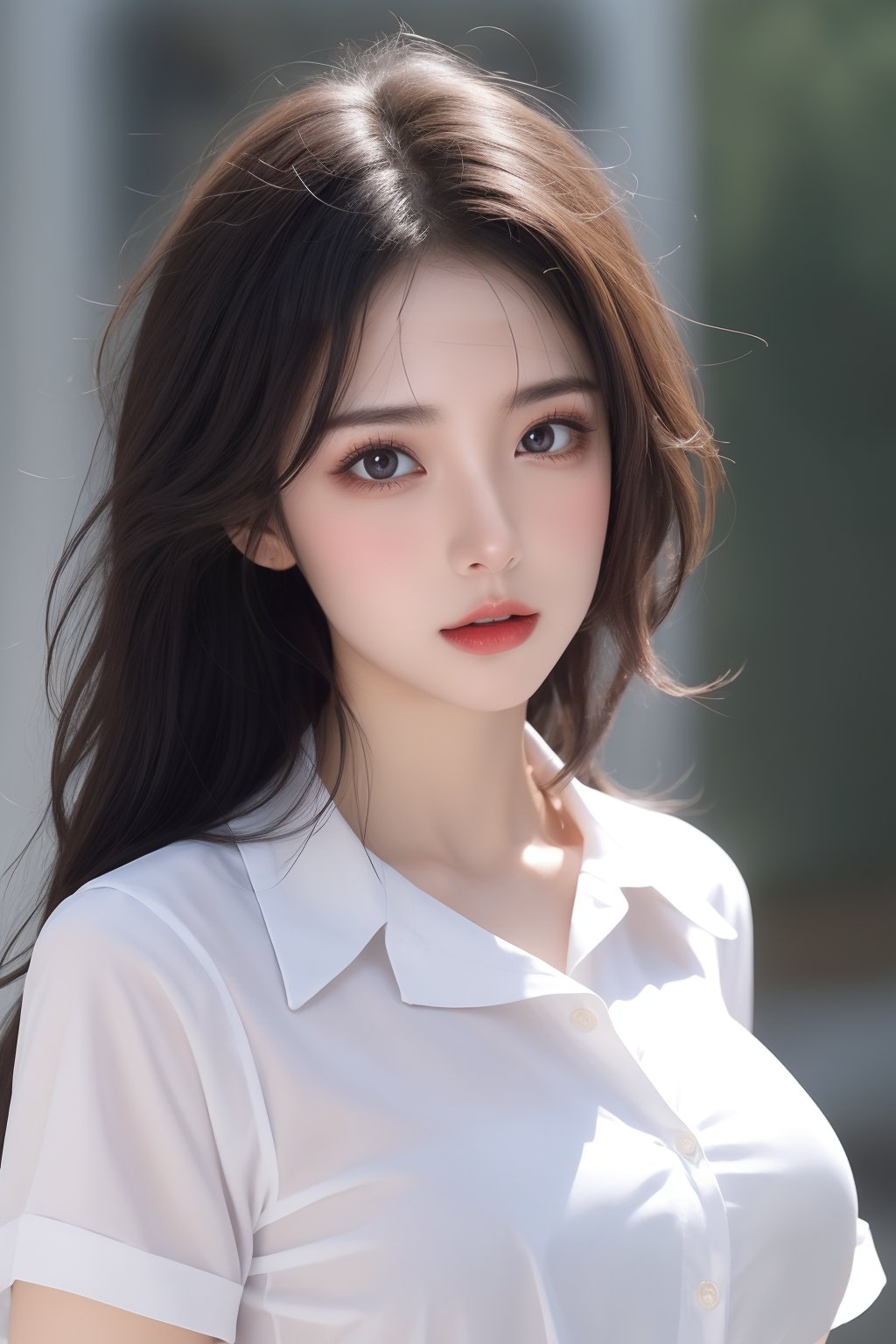 1girl, black hair, bra, bra visible through clothes, breasts, brown eyes, collared shirt, large breasts, lips, long hair, looking at viewer, nose, photorealistic, realistic, see-through, shirt, short sleeves, solo, underwear, upper body, wet clothes, wet shirt, white shirt, wing collar <lora:美女:0.8>