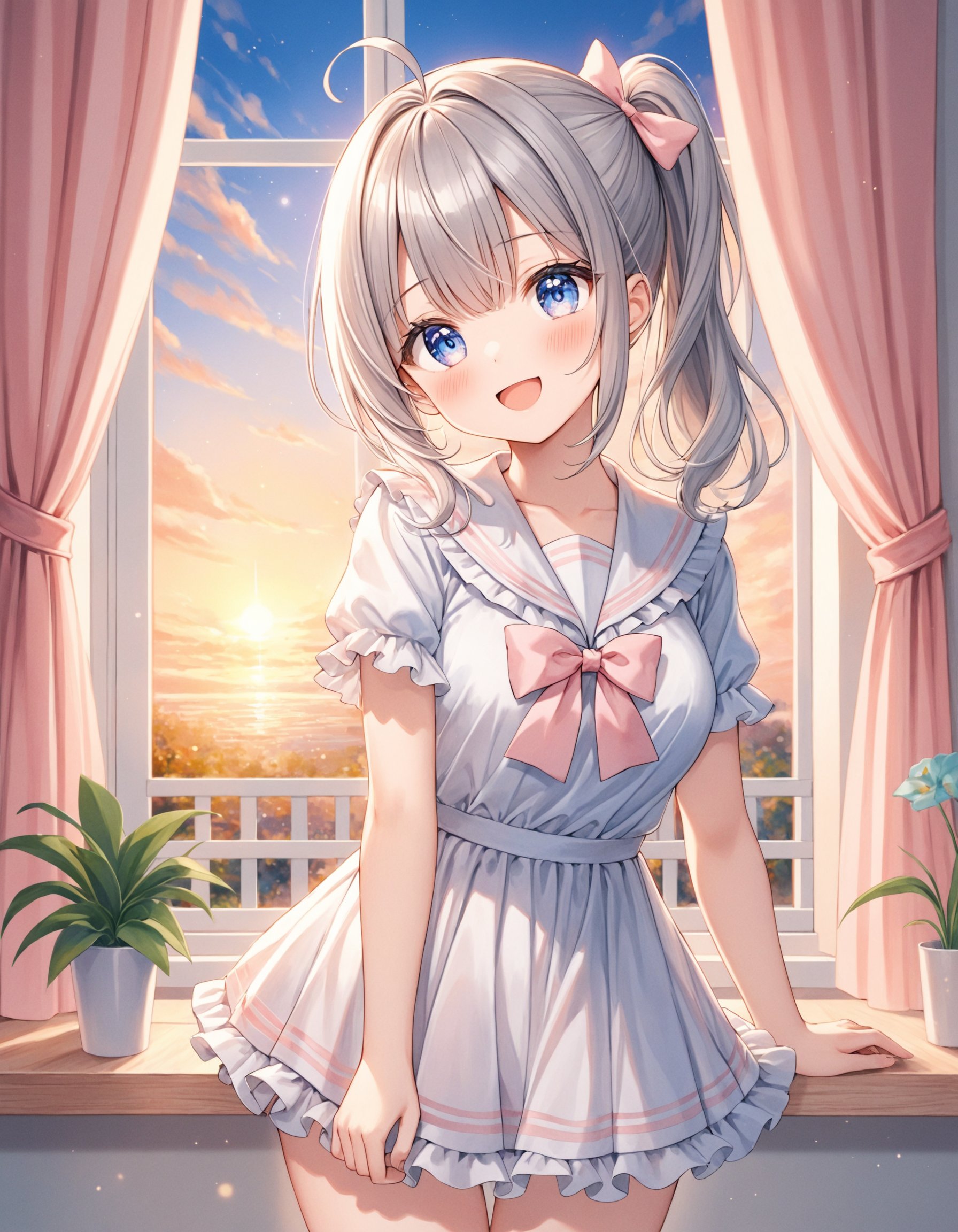 SceneDescription:   - Composition: Cowboy shot. Cinematic angle.   - Subject: A 18YO girl. (Chibi:0.8).     - Characteristics:       - Face: (Cute round face:1.1).       - Eyes: Detailed dark-blue eyes and tsurime.       - Hair: Medium hair, (side ponytail:1.1), big ribbon hair ornament, (gray hair), (gray inner hair), ahoge and asymmetrical bangs.       - Body: Detailed body. Large breasts.       - Clothing: White ruffled blouse, pale pink sailor collar, pale pink ribbon tie and ruffled skirt.       - Expression: Amused expression. Open mouth.       - Posing: Standing. Pigeon toed. Looking at viewer.   - Background: Very cute living room.     - Elements: Cute decorative plants. Pastel pink cute curtains, Pastel cute wall paper. Very cute objects. Sunset view from window. Season: Summer. Time: (Dusk:1.2). Lighting: (Evening light:1.4). ArtStyle: Watercolor. Traditional media. Pale pastel colors. Quality: Intricate details. Extremely detailed. Outstanding intricacies. (Masterpiece:1.2). (Best quality:1.2). (Absurdres absolutely resolution:1.4). Mood: Pastel atmosphere. <lora:flat_sdxl:-0.2>