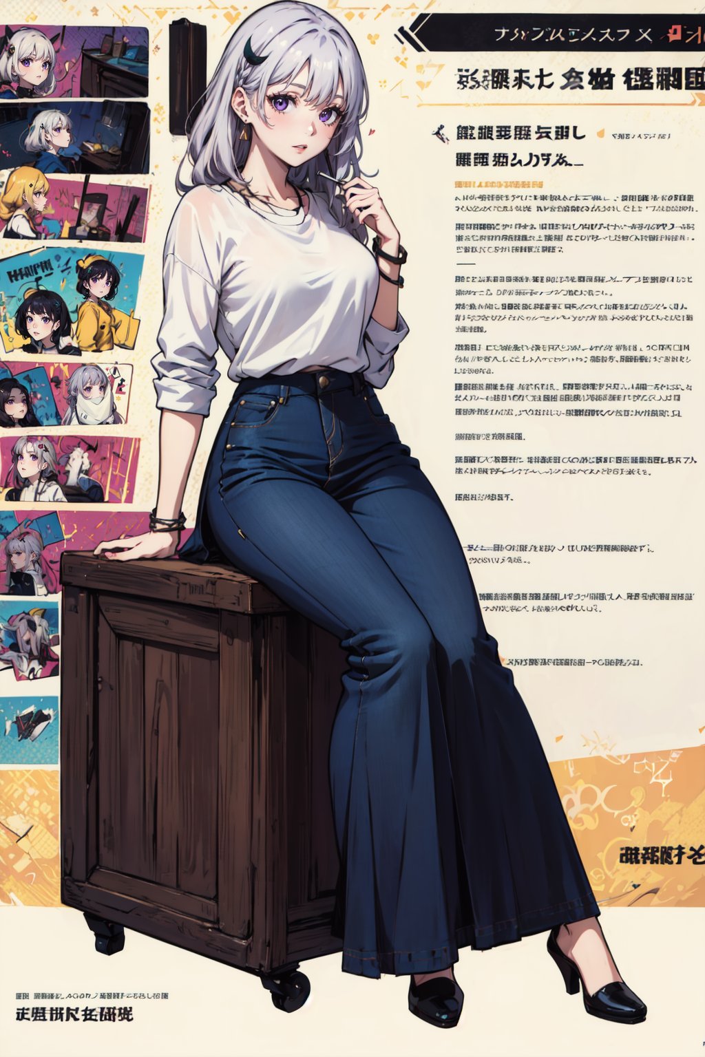 1girl, silver hair, curly hair, long hair, movicomics, white shirt, (long skirt, black skirt), perfect figure, matured woman, ((full body shot)), sitting, (bold and stylized text), (high quality, masterpiece:1.2), hair ornament, purple eyes, popping background<lora:EMS-318473-EMS:1.300000>