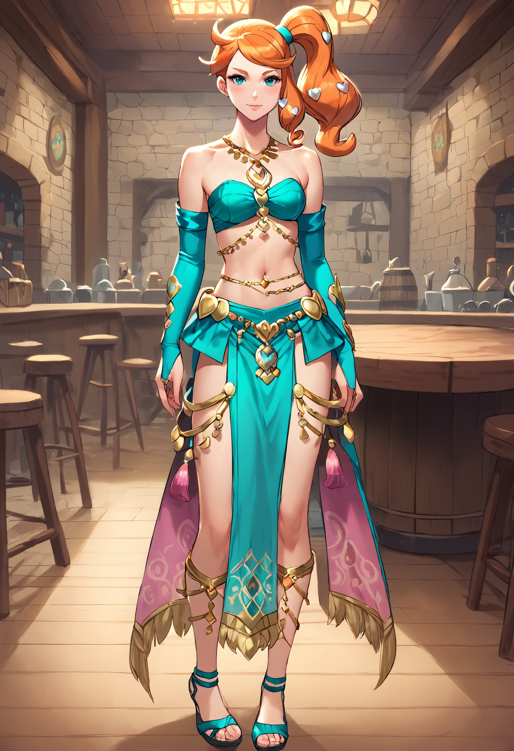 score_9, score_8_up, score_7_up, score_9, score_8_up, score_7_up,  zPDXL2, tavern,  looking at viewer, standing, on stage, stage,<lora:Dancers_Attire:.9>dncaf, bandeau, bridal gauntlets, pelvic curtain, aqua bow, hair bow, jewelry, bare shoulders, navel, midriff, sandals, wedge heels,  (aqua clothing:1.5), <lora:pokemon-sonia-ponyxl-lora-nochekaiser:1> pokemonsonia, aqua eyes, heart, heart hair ornament, long hair, long sleeves, orange hair, side ponytail, swept bangs,  strapless, 