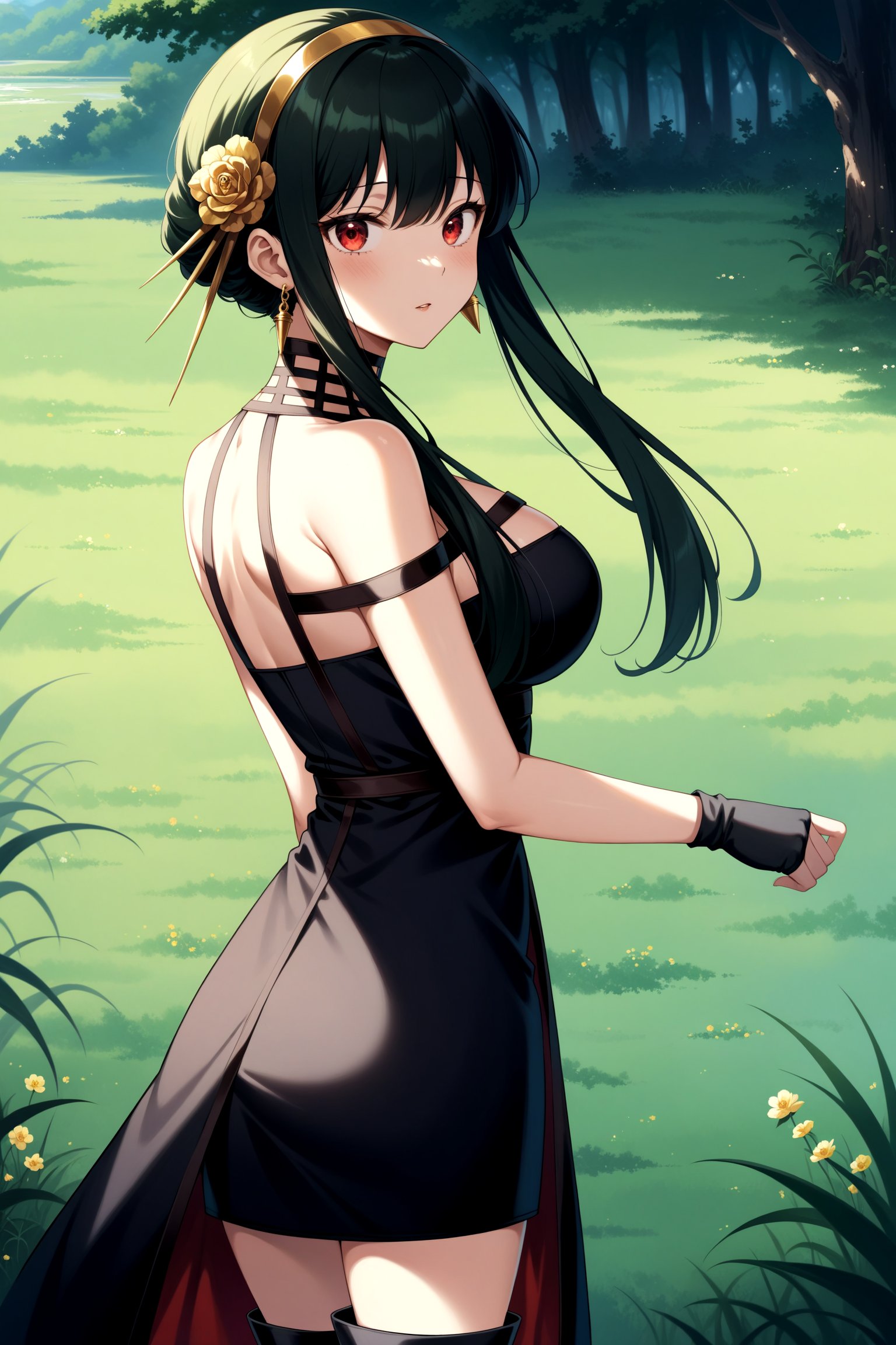 (masterpiece, best quality, very aesthetic, ultra detailed), intricate details, 4k, anime style, aayorf, short hair with long locks, gold hairband, hair ornament, red eyes, gold earring, breasts, choker, bare shoulders, black dress, two-sided dress, fingerless gloves, black gloves, thigh boots, <lora:yor_forger_XL_v1:0.9>, cowboy shot, standing, field, grass, outdoors, from side,
