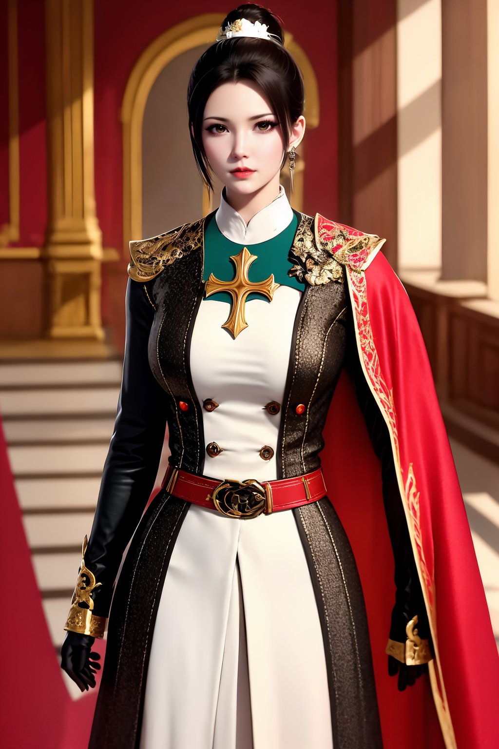 1girl, solo, jewelry, earrings, cross, gloves, looking at viewer, belt, black gloves, brown eyes, black hair, standing, weapon, blurry, brown hair, cross earrings, blurry background, uniform, hair bun, closed mouth, lips, red cape, long sleeves, circlet, breasts, military uniform, cape, military, realistic, cowboy shot, red lips, pants, single hair bun, holding, short hair, indoors, holding weapon, buckle, shadow, arms at sides, black belt, belt buckle