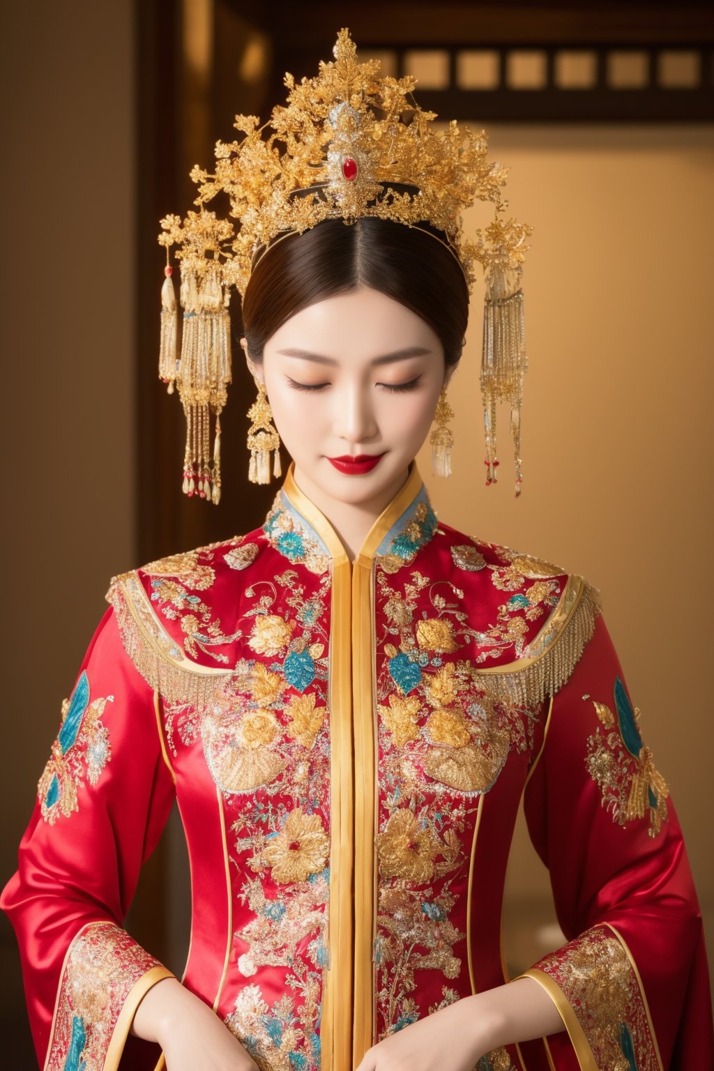 Chinese woman, traditional attire, Hanfu, red and blue robe, intricate embroidery, phoenix pattern, gold crown, beaded headdress, dangly accessories, closed eyes, serene expression, historical costume, studio portrait, warm lighting, rich color palette, cultural heritage, vertical composition, high-resolution image, finely detailed accessories, ornate jewelry, makeup with red lipstick, hands folded, regal posture, solemn atmosphere., masterpiece,best quality,ultra-detailed,