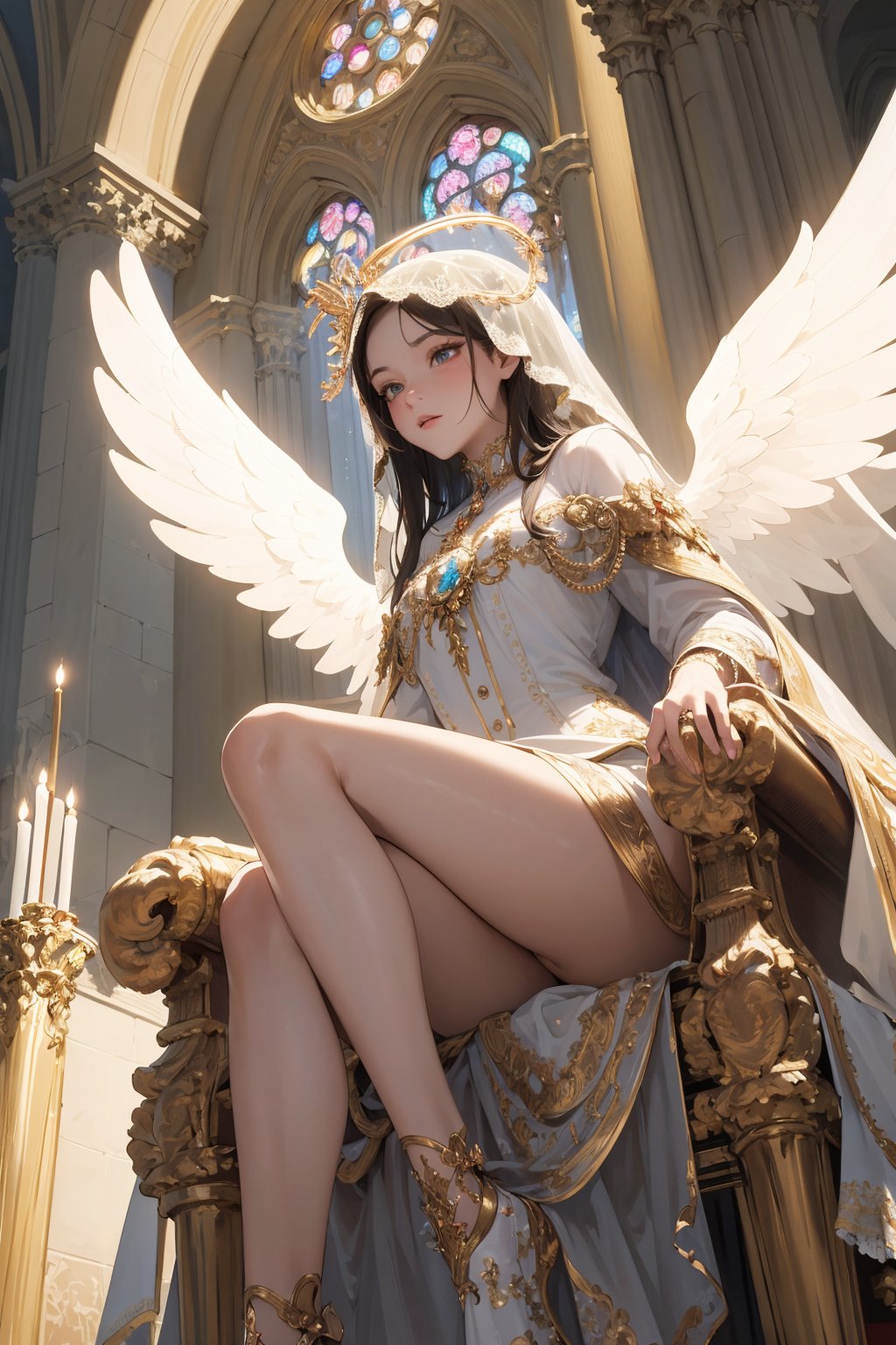 ((masterpiece)), ((best quality)), absurdres, 8k uhd, beautiful colors, centered composition, insane detail,portrait of an angelic female with angel wings seated on a luxurious ornately detailed majestic throne in a huge luxurious ornately detailed cathedral wearing beautiful veil and glowing halo ((from front)) (from below)