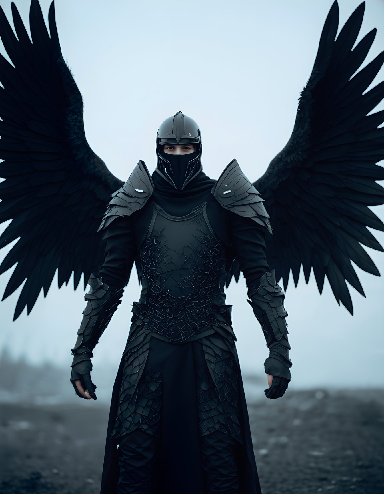 (best quality, 4k, 8k, highres, masterpiece:1.2), ultra-detailed, (realistic, photorealistic, photo-realistic:1.37), solo,1boy,standing,male focus,wings,armor,blurry,helmet,shoulder armor,gauntlets,feathered wings,1other,black wings,pauldrons,breastplate,knight,full armor,ambiguous gender,covered face ,