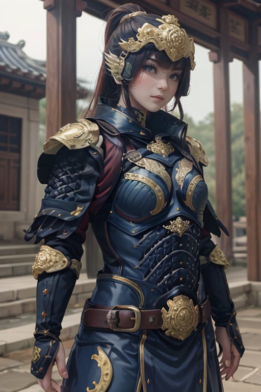 <lora:HXarmour_017:0.7>,Ancient Chinese Architecture,Resting on a diagonal,, hxarmour,1girl,(dark blue armour:1.3),