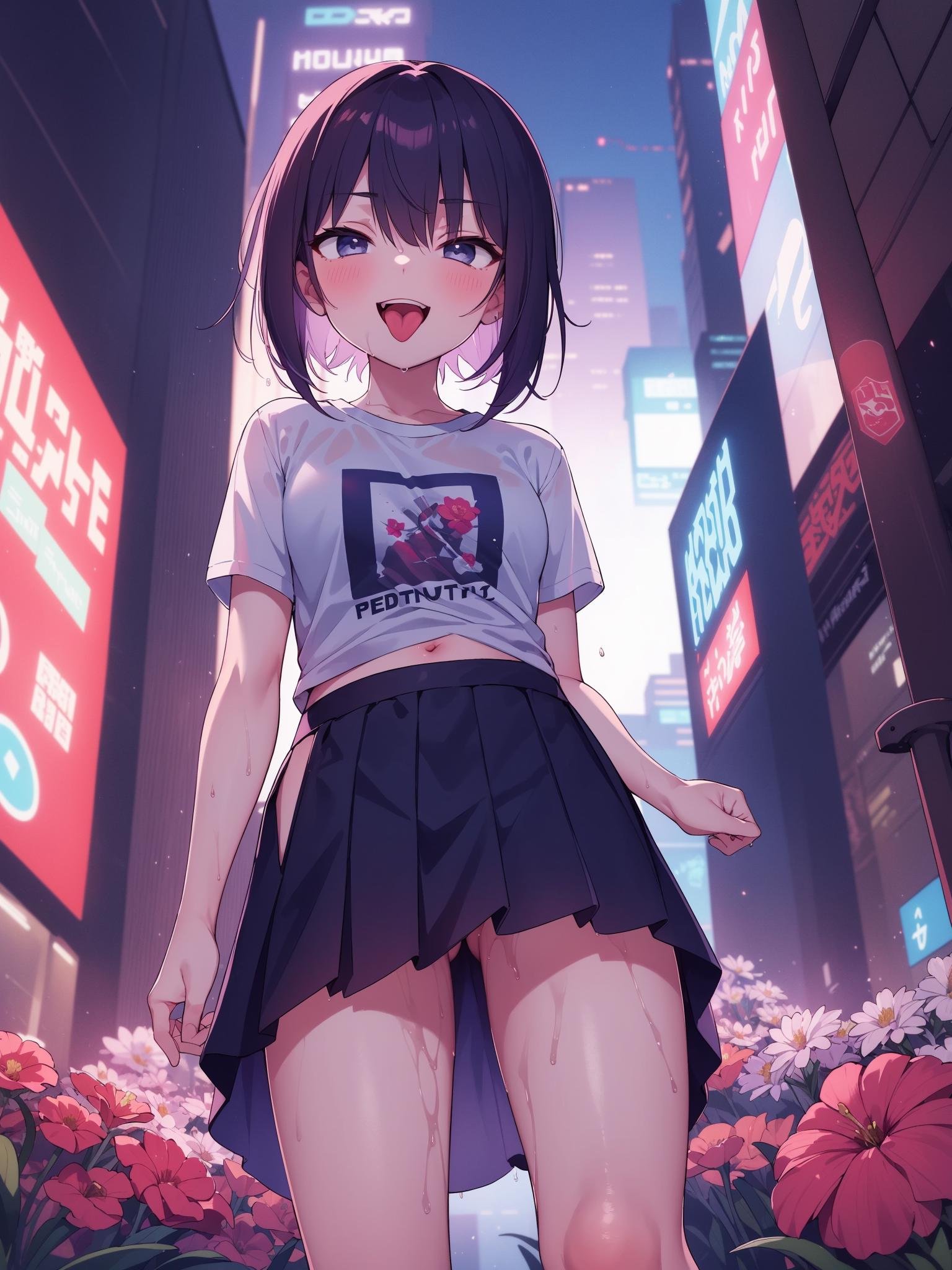 (masterpiece,best quality:1.4),1girl,mesugaki v2,flower,skirt,open mouth,evil smile,tongue out,<lora:mesugaki_v2:0.7>,t-shirt,wet clothes,cyberpunk,city lights,from below,