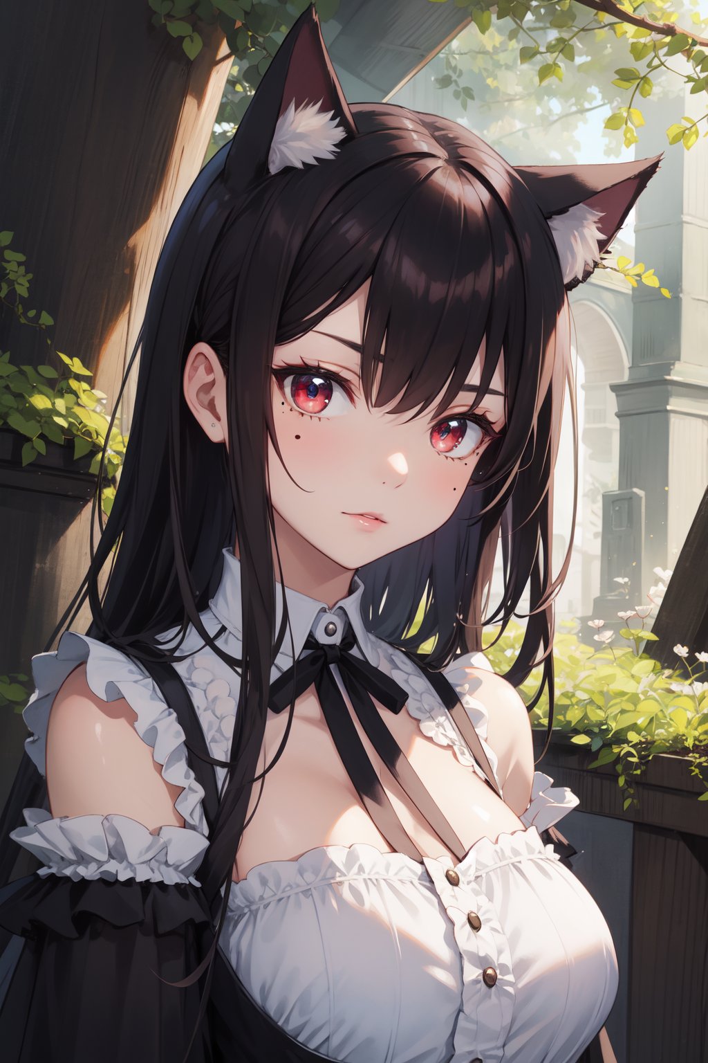 <lora:Ruri-0000010:0.8>,Ruri cyql,1girl,looking at viewer,solo,long hair,black hair,hime cut,red eyes,mole,mole under eye,cat ears,animal ears,gothic lolita,lolita fashion,dress,frills,Annoyed, Mouth turned down slightly, eyes narrowed, and a tense jaw.,bust,beautiful face,beautiful eyes,glossy skin,shiny skin,Forest, Trees, Moss, Green, Old, Shadows, Serenity, Mystery,(Grapevines, Tuscan villa, Vineyard rows, Springtime blooms, Tuscan landscape, Rustic charm:0.6),beautiful detailed sky,beautiful detailed glow,posing in front of a colorful and dynamic background,masterpiece,best quality,beautiful and aesthetic,contrapposto,female focus,wallpaper,fashion,