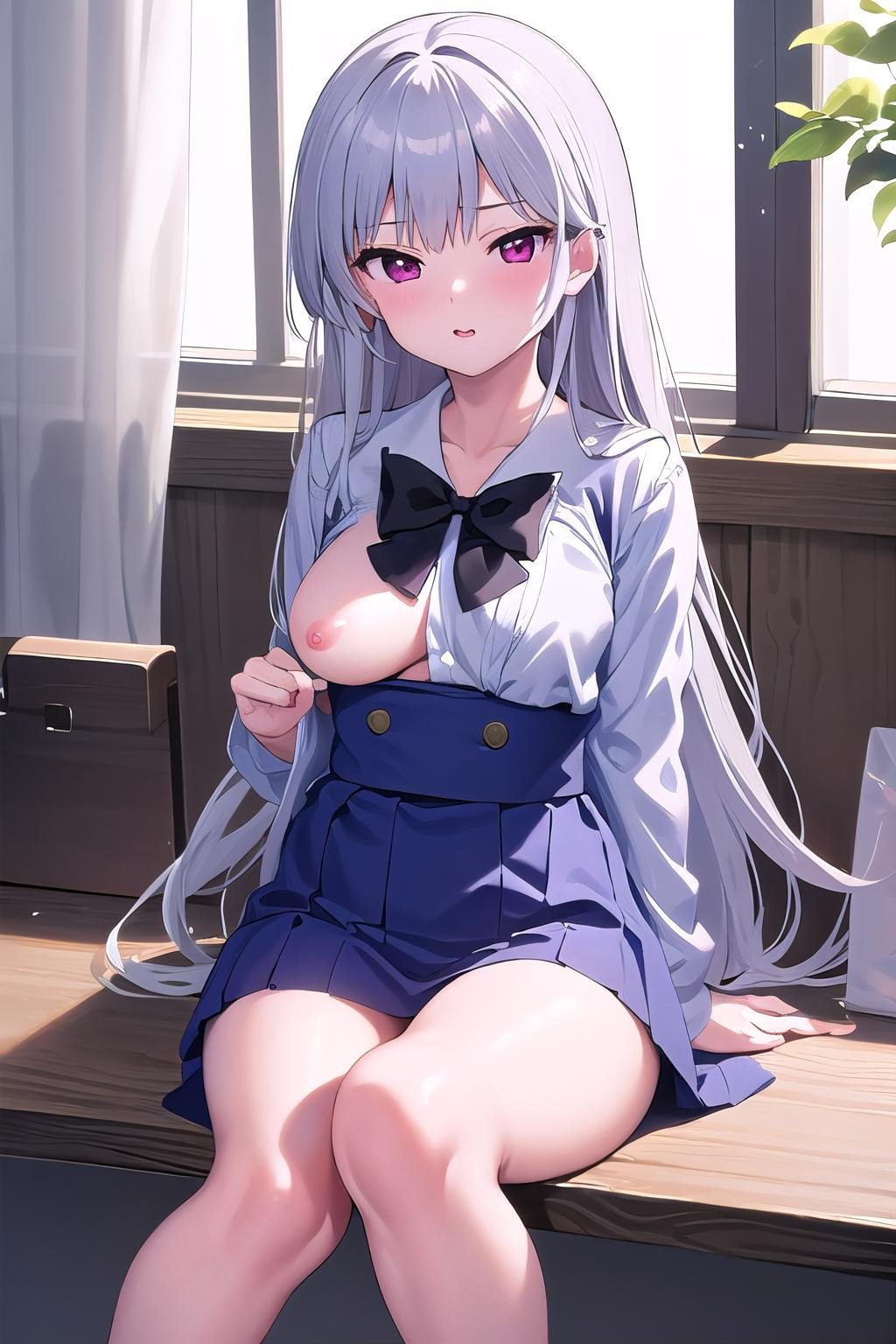 masterpiece, best quality, ultra-high-detailed, one breast out, nipples, 1girl, kazami kazuki, silver hair, long hair, purple eyes, school uniform, black bow