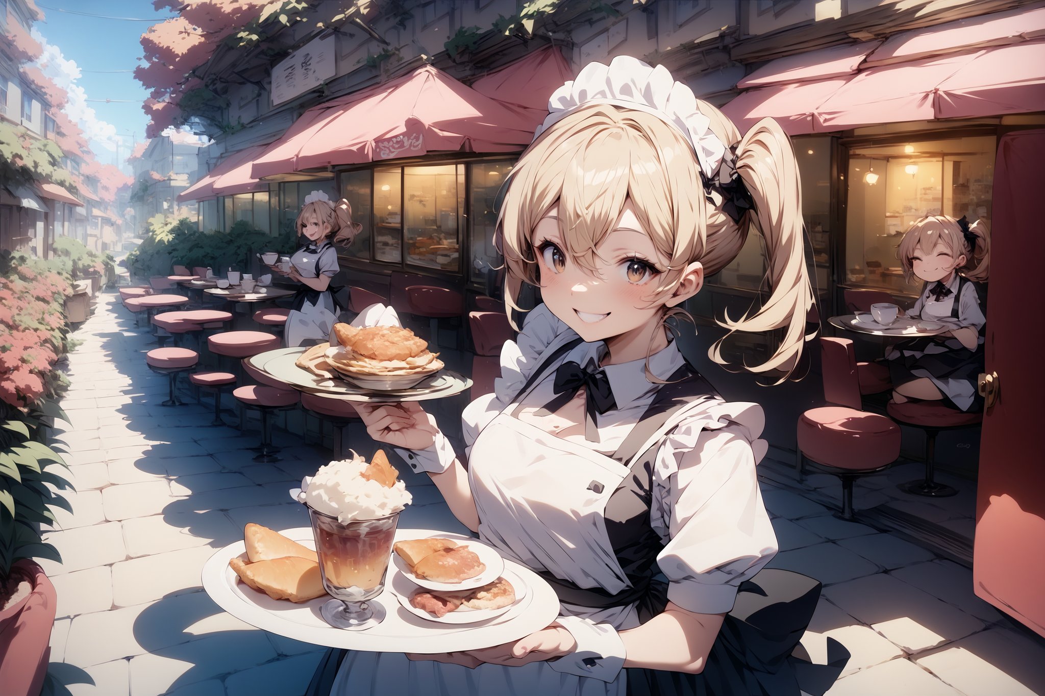 score_9,score_8_up,score_7_up,1girl,side_ponytail,smile,waitress,holding_trey,cafe,