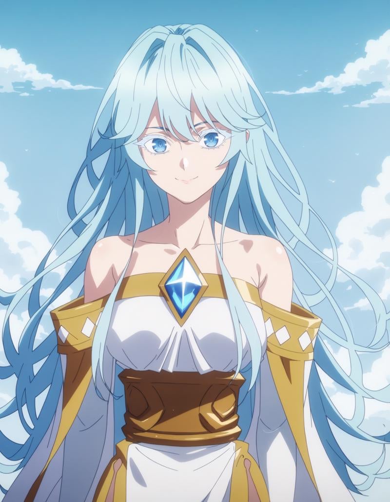 score_9, score_8_up, score_7_up, score_6_up, score_5_up, score_4_up, anime screencapBREAKelfaria_olis, 1girl, solo, light blue hair, long hair, colored eyelashes, blue eyes, chest jewel, off-shoulder dress, yellow sash, side cape, bridal gauntlets, pelvic curtain, looking at viewer, smile, closed mouth, upper bodyBREAKwind, wind lift<lora:elfaria_Wistoria_ponyxl_v1_char:1> <lora:elfaria_Wistoria_ponyxl_v1_style:1> 