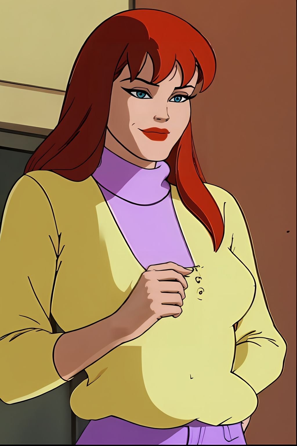 absurdres, mary jane watson, upper body, yellow sweater with purple turtleneck <lora:Mary Jane Watson_v1:1>