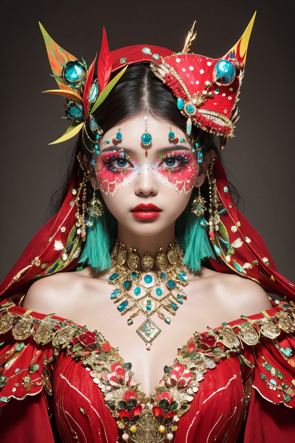 masterpiece,best quality,ultra high res,1girl,colorful tashan makeup,upper body,flash,<lora:20240401caizhuang-v1.2:0.8>,Cecropia Moth headdress,Dreamy haze,Brick texture,Follow camera,