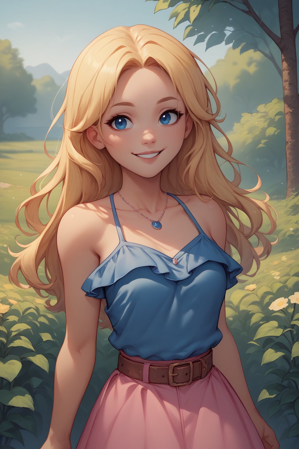 score_9, score_8_up, score_9, score_8_up, 1girl, solo, <lora:NSHaleyStardew:1> NSHaleyStardew, long hair, blonde hair, blue eyes, blue camisole, pink skirt, jewelry, bare shoulders, sleeveless, necklace, belt, spaghetti strap, outdoors, smiling, open arms