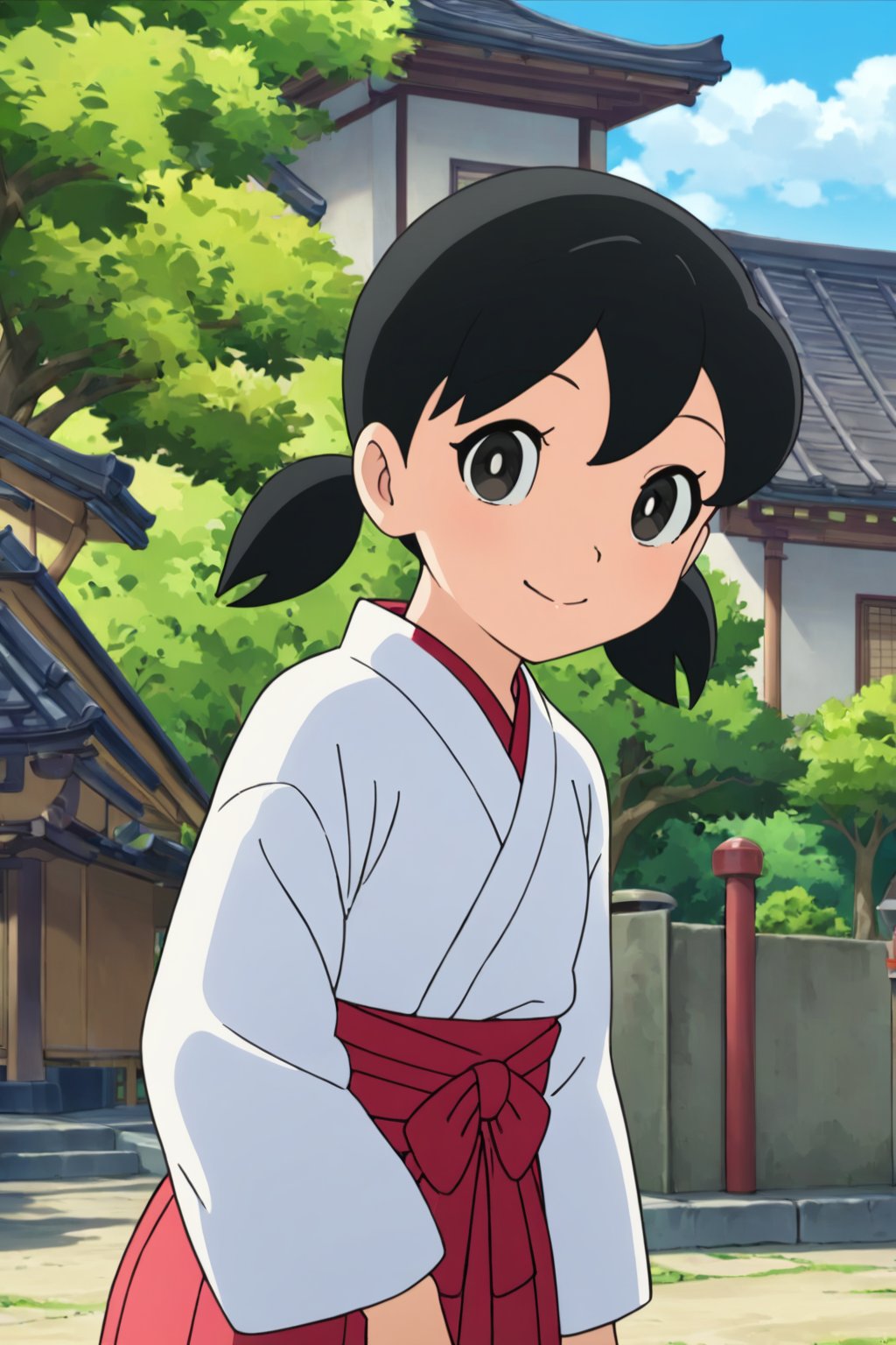 minamoto shizuka,1girl, solo, japanese clothes, black hair,miko, black eyes, smile, twintails, outdoors, hakama, cowboy shot, looking at viewer, skirt, short hair, day, short twintails, hakama skirt, tree, red hakama, long sleeves,masterpiece, perfect face, best quality, beautiful eyes, shiny eyes, anime coloring, anime screencap, absurdres, award winning,  <lora:minamoto shizuka anyt 905:0.8>