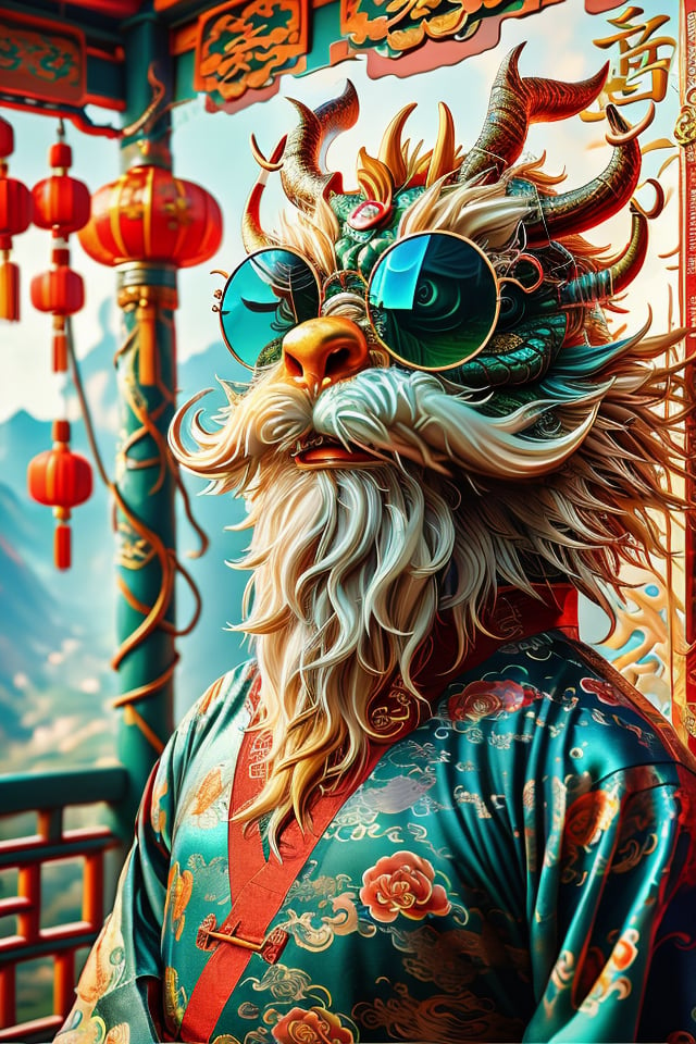 Half a dragon, a Chinese dragon, youthful and immortal, with pearl like scales, gorgeous colors, cute and quirky style, exquisite bear, majestic horns, wearing-green Chinese Hanfu, paired with round sunglasses, rich and colorful, full of youthful Natural, ultra-high, color-angle, stunning, film photography