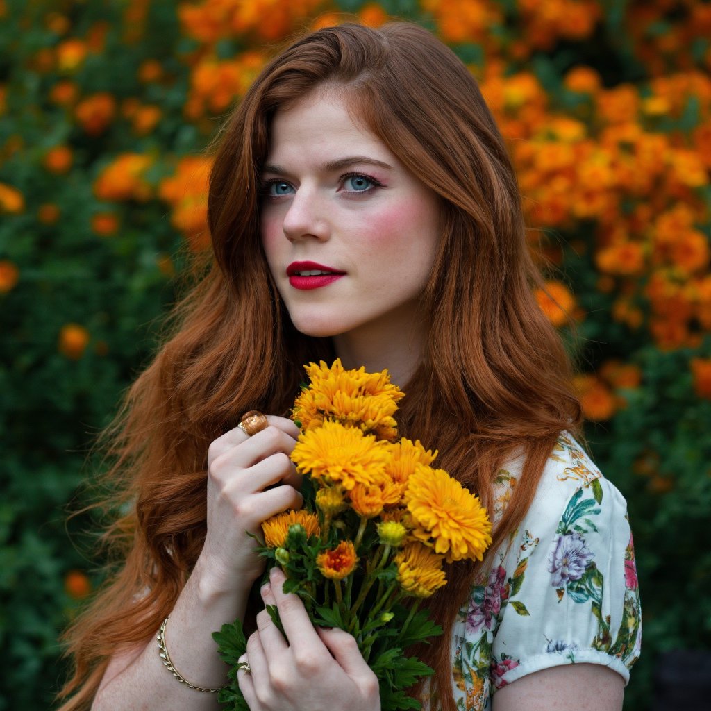 A portrait of rose_leslie with long, wavy, reddish-brown hair, set against a backdrop of lush greenery and vibrant orange and yellow flowers. She holds a bouquet of yellow flowers in her hands. Her makeup is bold, featuring deep red lipstick and striking blue eyeshadow. She wears a white blouse with a floral pattern and a ring on her finger. The image has a dreamy, ethereal quality with a color palette dominated by warm hues of orange, yellow, and green.