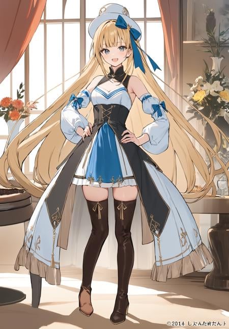 1girl,   hanekoto, candle, hat, very long hair, company connection, detached sleeves, hand on own hip, black legwear, high heel boots, indoors, black eyes, table, food, vase, cup, open mouth, bare shoulders, blue eyes, blonde hair, thighhighs, boots, wine, dress, brown footwear, standing, bow, flower, smile, thigh boots, blunt bangs, long hair, hair bow, white headwear, drinking glass, alcohol, high heels, masterpiece, best quality, newest <lora:hanekoto_image488_2024-03-28_a31-000018:1>