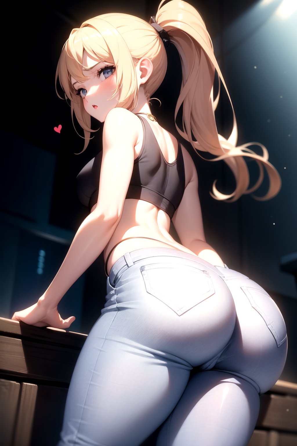 <lora:thicc_v2.3:1.25> 1girl, from behind, jeans, ponytail, crop top,, masterpiece, best quality, highly detailed