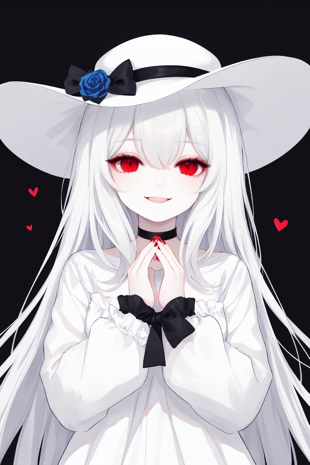 1girl,red eyes,solo,hat,blue flower,heart,signature,blue rose,horns,looking at viewer,smile,choker,flower,black choker,rose,blood,white headwear,black background,bangs,artist name,white hair,bow,hat flower,hair over one eye,sun hat,nail polish,simple background,hands up,upper body,portrait,hat bow,red nails,shirt,