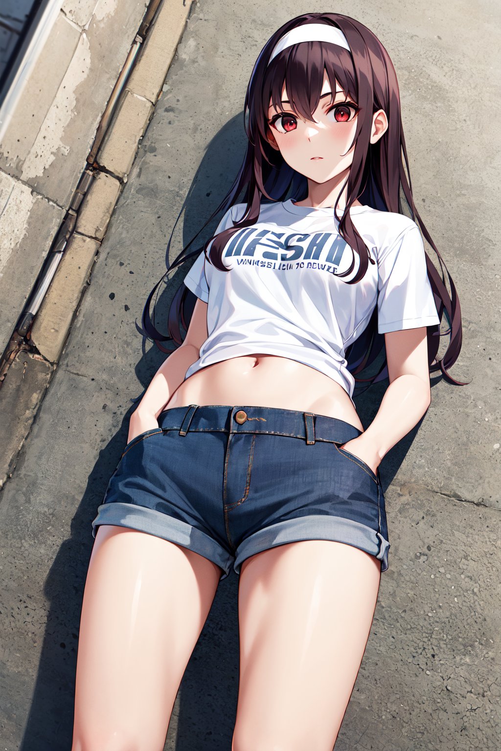 masterpiece, best quality, highres, aautaha, long hair, black hair, hairband, <lora:kasumigaoka_utaha_v2-1:0.7>, standing, cowboy shot, t-shirt, short sleeves, midriff, short shorts, denim, hand in pocket, street, cowboy shot, 