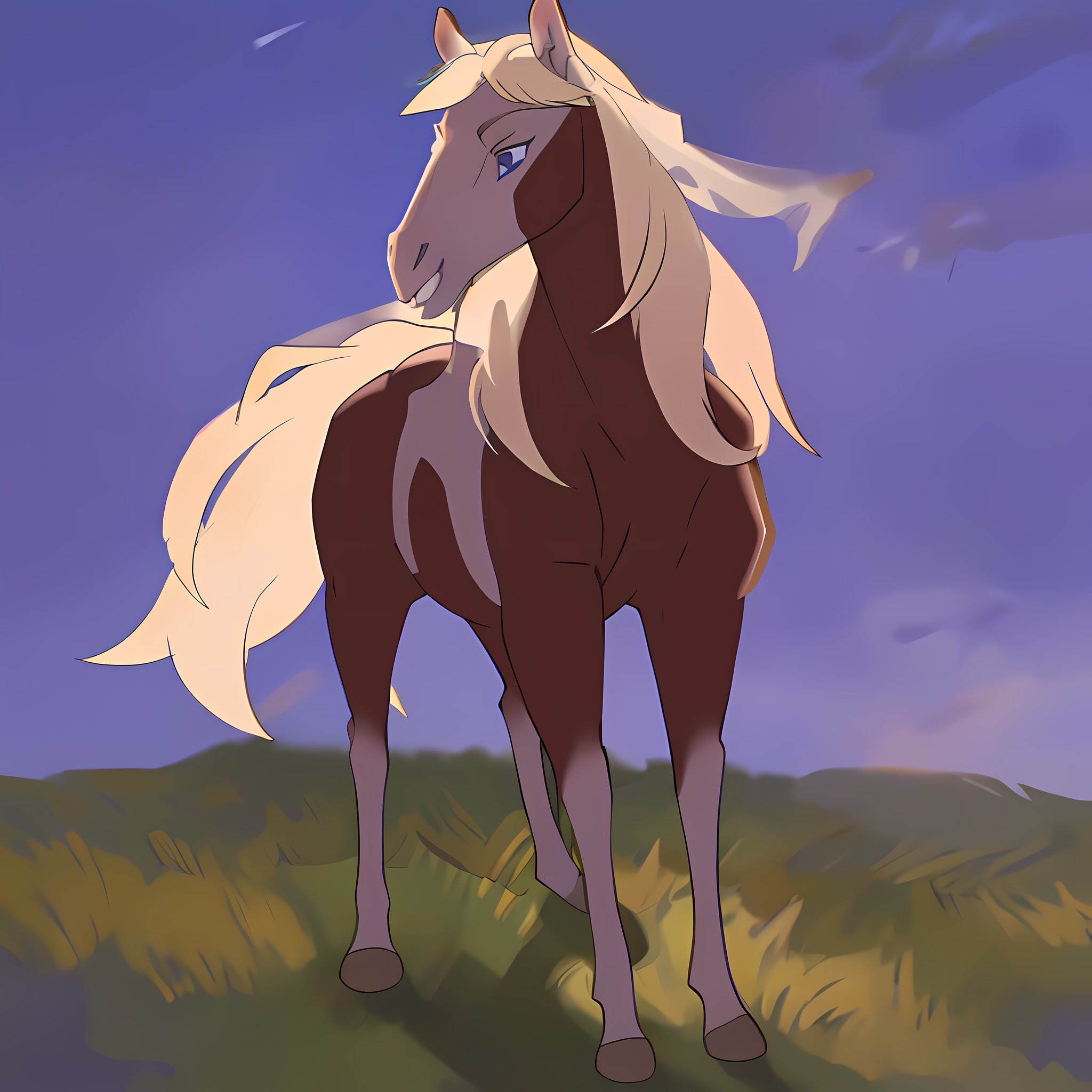 1horse, sorrel tovero paint horse, a pale blonde mane and tail, and crystal blue eyes, with eagle feather in her mane, (best quality, masterpiece), (one color background), (dark background), (((fur))), (flat background),  <lora:rain_from_spirit2002:1>, full body, ((mane on the one side))