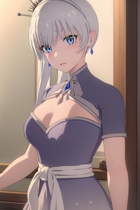 weissschnee, <lora:weissschnee-lora-nochekaiser:1>,weiss schnee, long hair, blue eyes, hair ornament, ponytail, white hair, side ponytail, scar, tiara, scar on face, scar across eye,BREAK dress, jewelry, earrings, blue dress,BREAK indoors,BREAK looking at viewer, (cowboy shot:1.5),BREAK <lora:GoodHands-beta2:1>, (masterpiece:1.2), best quality, high resolution, unity 8k wallpaper, (illustration:0.8), (beautiful detailed eyes:1.6), extremely detailed face, perfect lighting, extremely detailed CG, (perfect hands, perfect anatomy),