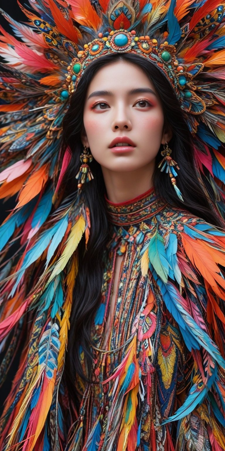 Fashion photography portrait, close up portrait, (1girl, clear face:1, is with Colorful feathers on her neck, surrounded by Colorful feathers, black long hair, wear colorful Colorful feathers coat and outfit fashion costume with ruffled layers:1)