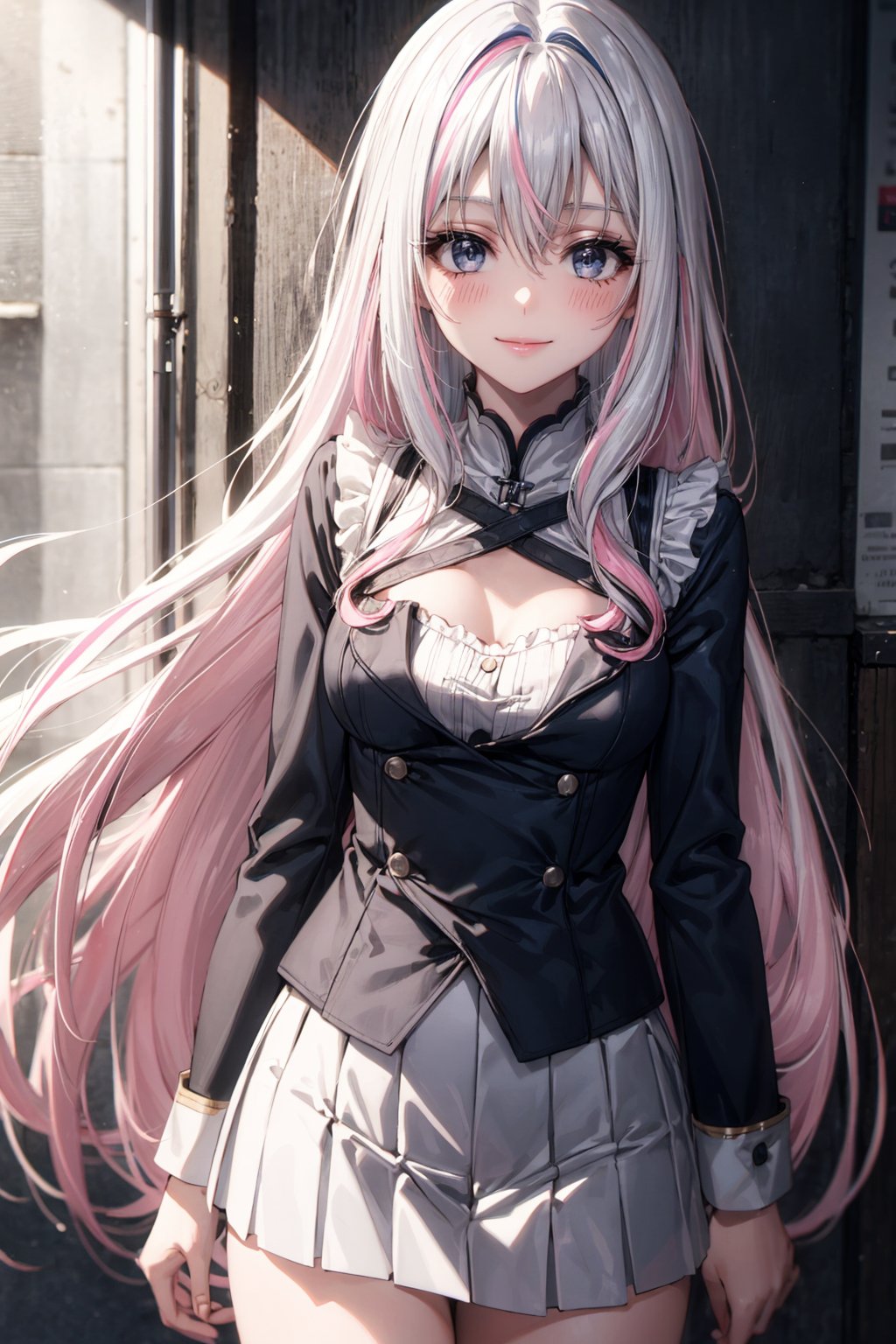 1 girl, solo, long hair, chest, looking at viewer, blush, smile, bangs, dark gray eyes, miniskirt, long sleeves, medium breasts, very long hair, white hair, blue hair, pink hair, White hair, multicolored hair, two-tone hair<lora:EMS-1093-EMS:0.200000>, <lora:EMS-80244-EMS:0.800000>, <lora:EMS-179-EMS:0.500000>