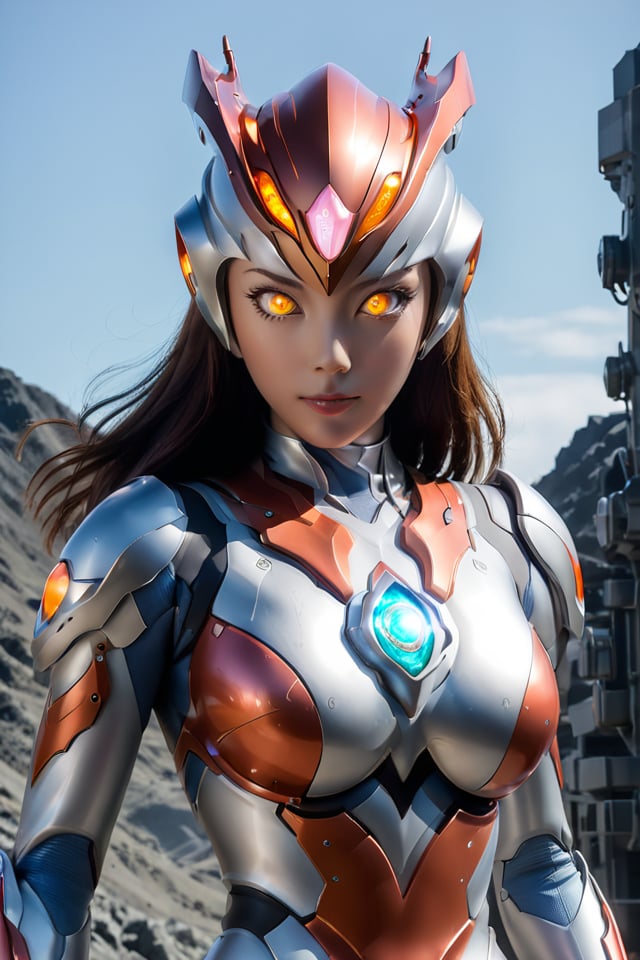 female ultraman,looking at viewer,glowing,mecha,glowing eyes,science fiction,<lora:Ultraman-000008 (1):0.5>,large breasts,