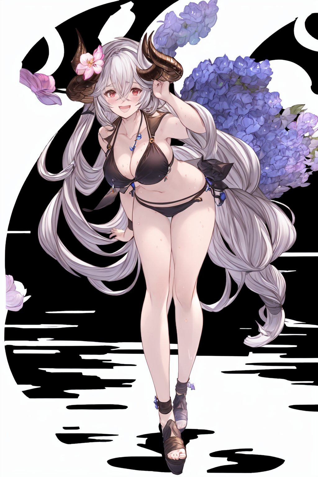 1girl,long hair,solo,swimsuit,horns,draph,breasts,bikini,open mouth,very long hair,full body,red eyes,see-through,smile,simple background,large breasts,white background,red bikini,sandals,hair between eyes,flower,grey hair,sailor collar,shirt,hair flower,looking at viewer,bangs,hair ornament,ahoge,collarbone,arm up,official alternate costume,:d,standing,navel,leaning forward,white shirt,blush,black footwear,cleavage,wet shirt,<lora:girl_Granblue Fantasy Art:1>