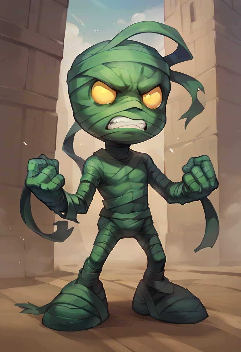 score_9, score_8_up, score_7_up, score_6_up, 4mumu, mummy, 1boy, male focus, yellow eyes, bandages, full body, <lora:Amumu_Default_v1:0.7>, standing, angry, dynamic pose, solo, looking at viewer