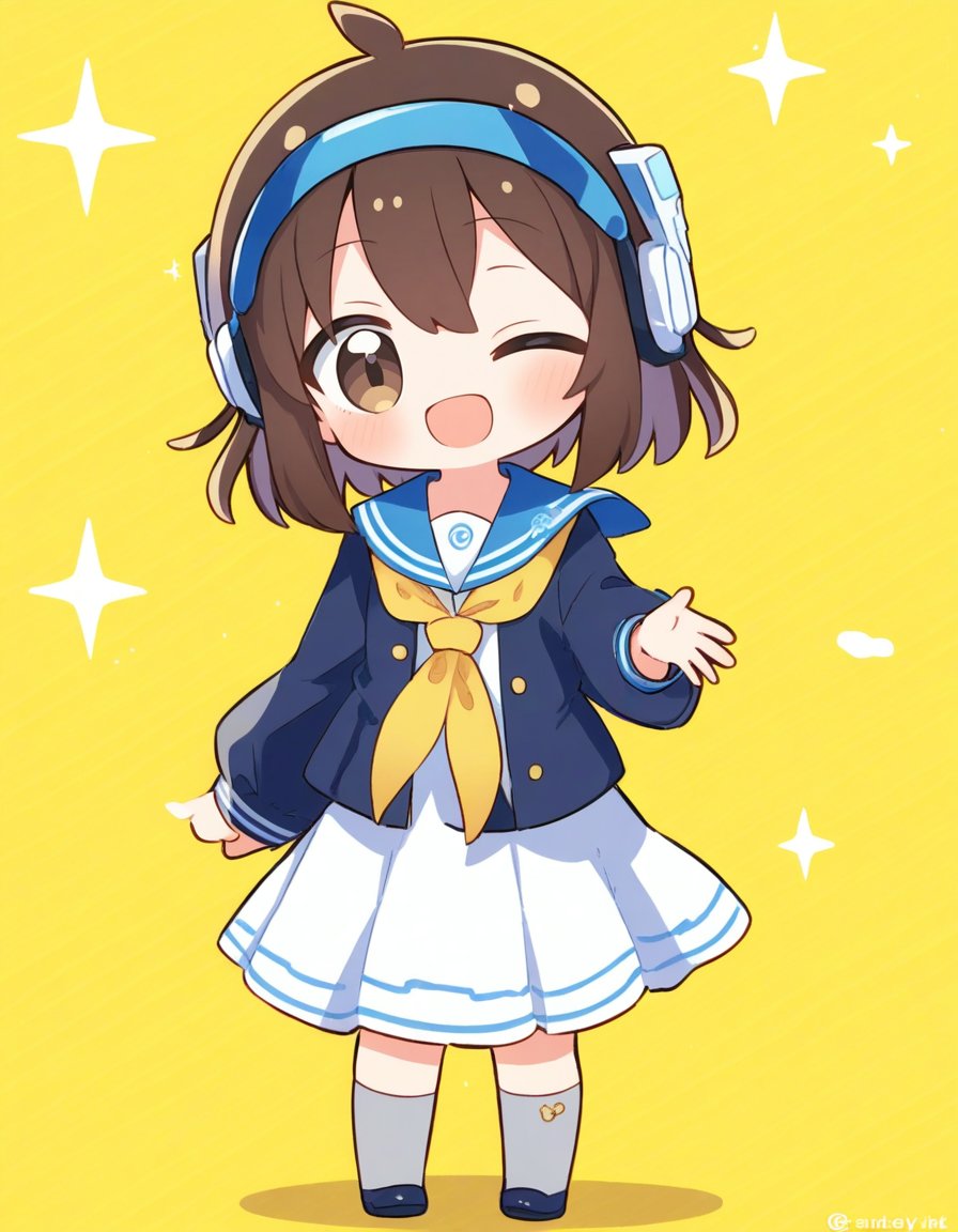 1girl, ;d, blue sailor collar, blush, brown eyes, brown hair, chibi, dress, full body, grey socks, hair between eyes, head tilt, headgear, long sleeves, looking at viewer, neckerchief, one eye closed, open mouth, sailor collar, sailor dress, smile, socks, solo, speaking tube headset, standing, twitter username, white dress, yellow background, yellow neckerchief 