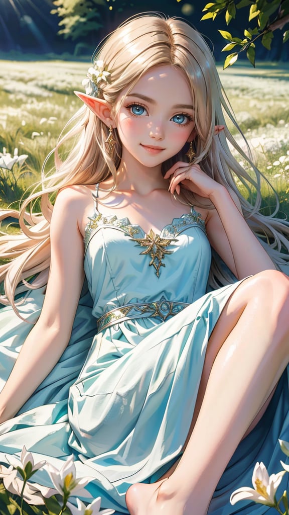 masterpiece, best quality, elf adventurer lying down in a field of white flowers, foliage dress, barefoot, looking at viewer, smug, smirk, blushing, (ultra-detailed body), dutch angle, cinematic, volumetric lighting, sunbeam, soft lighting, mystical, magical, rim lighting, fantasy, sparkle, glittering