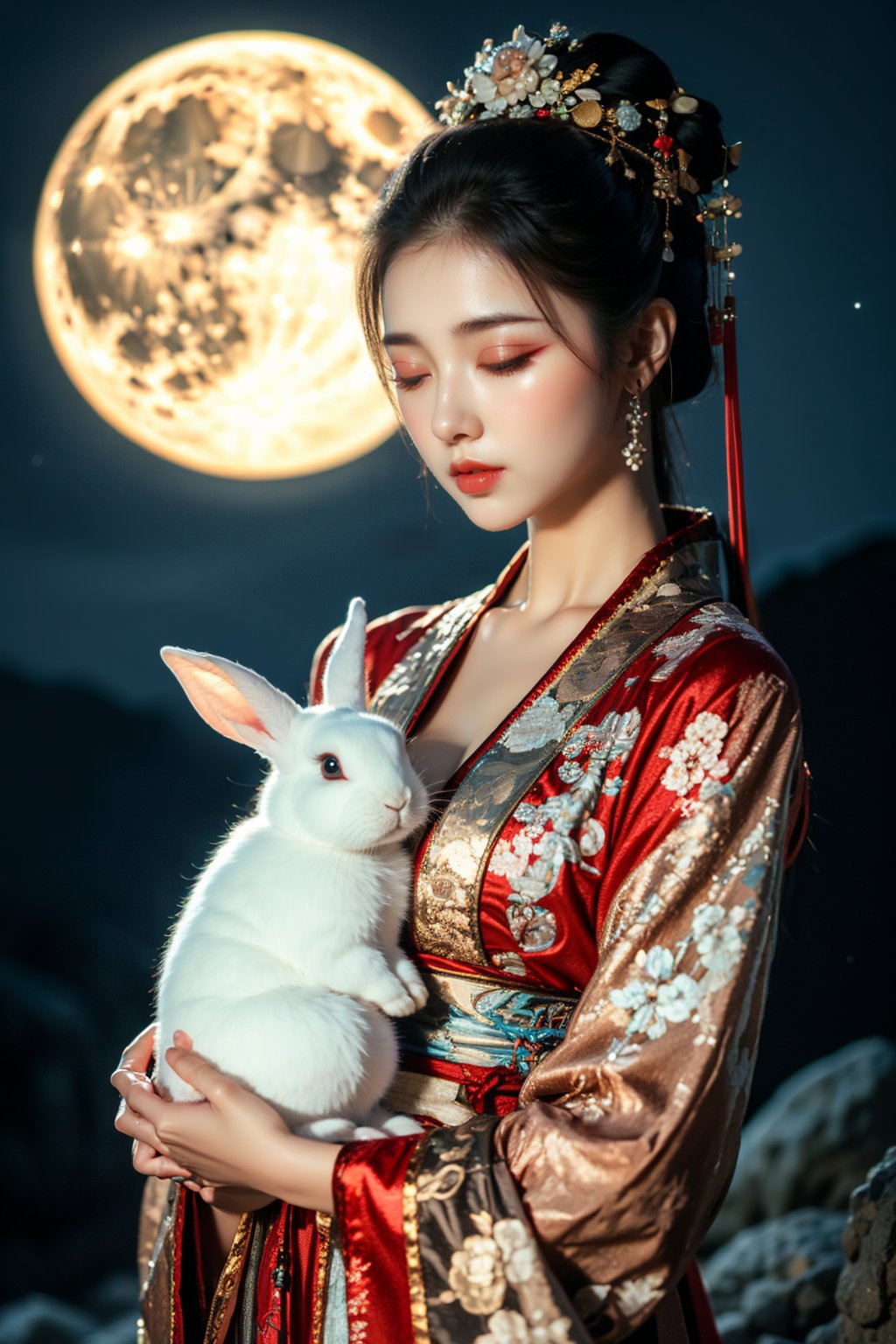 cka01,1girl,rabbit,moon,jewelry,holding animal,hanfu,earrings,hair ornament,holding,night,animal,full moon,chinese clothes,red lips,black hair,closed eyes,long sleeves,upper body,solo,makeup,night sky,blurry,flower,sky,closed mouth,realistic,red dress,wide sleeves,dress,blurry background,floral print,hair stick,hair flower,eyeshadow,lipstick,eyelashes,updo,star \(sky\),looking down,hair bun,<lora:cy01:0.8>,, best quality, ultra-detailed, masterpiece, finely detail, highres, 8k wallpaper