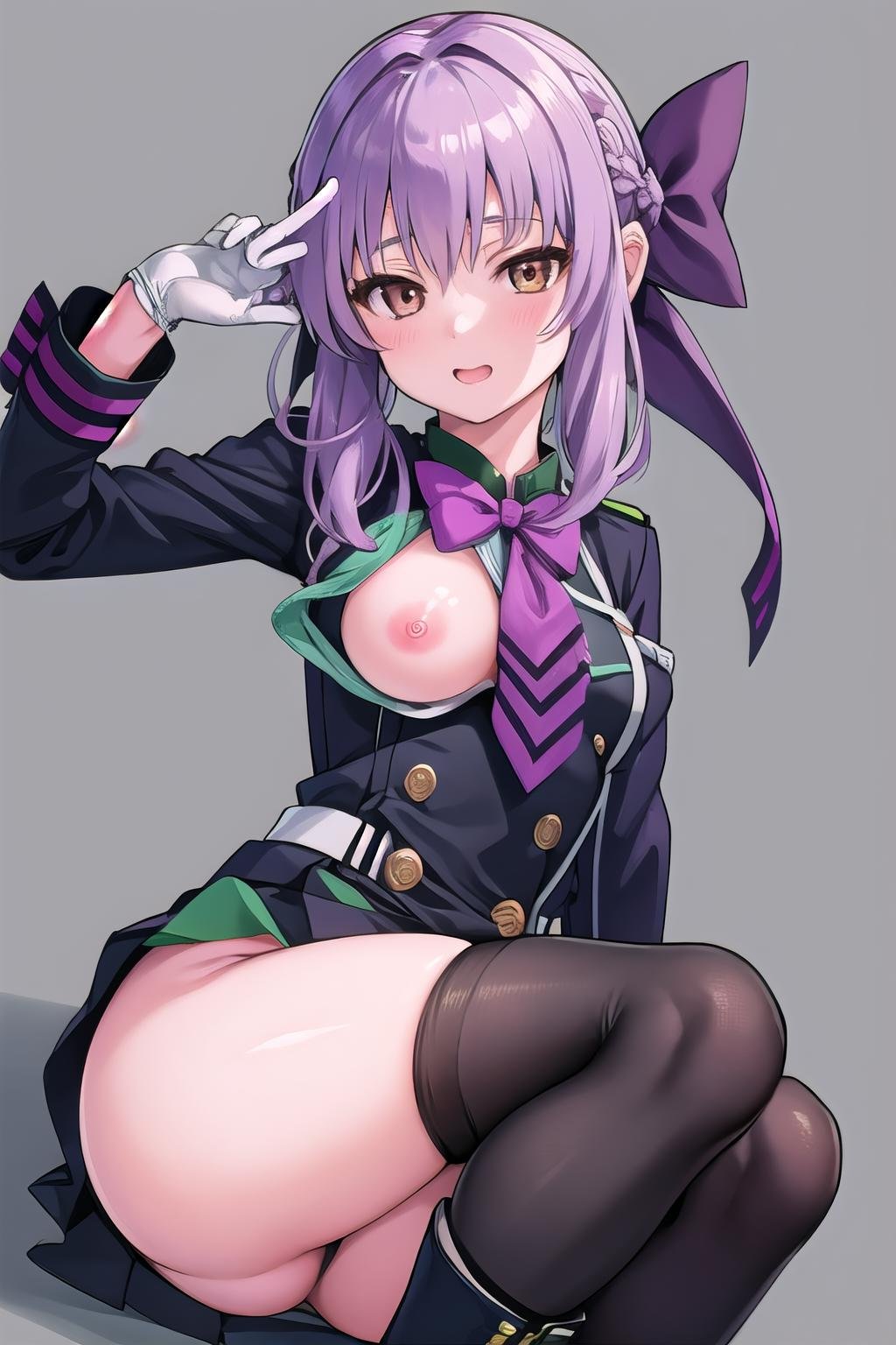 masterpiece, best quality, ultra-high-detailed, one breast out, nipples, 1girl, Shinoa Hiiragi, purple hair, braided hair, purple bow, purple ribbon, black shirt, white gloves, black thighhighs, boots