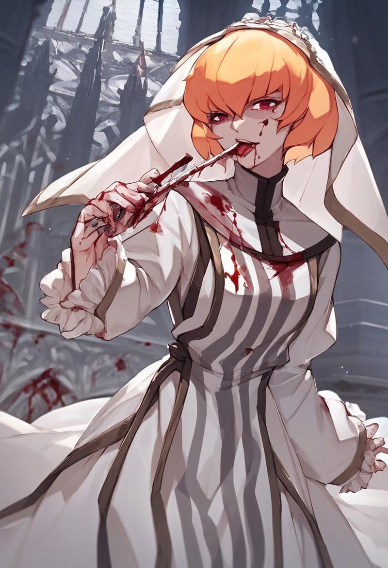 score_9, score_8_up, score_7_up,source_anime,Clementine, blonde hair, short hair, red eyes,white veil,saint suit,castle view, moonlight,solo,,blood ,licking sword