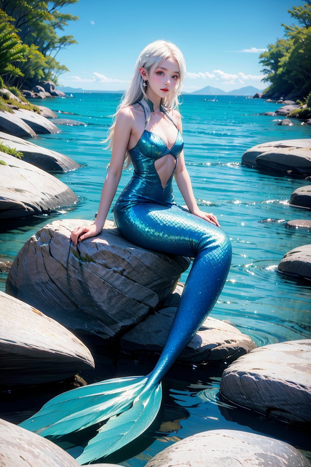 <lora:AgainRealistic_v2.0:1>,AgainRealistic_v2.0, 1girl, rock, mermaid, outdoors, solo, long hair, monster girl, sitting, sky, breasts, navel, day, white hair, blue dress, blue sky, tree, sitting on rock, water, dress, full body, bare shoulders, clothing cutout, looking at viewer, pointy ears, jewelry, medium breasts, cleavage, red lips, cloud, earrings, sleeveless, parted lips, fins, sleeveless dress, nature, mountain, lips, river, scales, bare arms, ocean, halterneck, cleavage cutout, makeup, halter dress, navel cutout