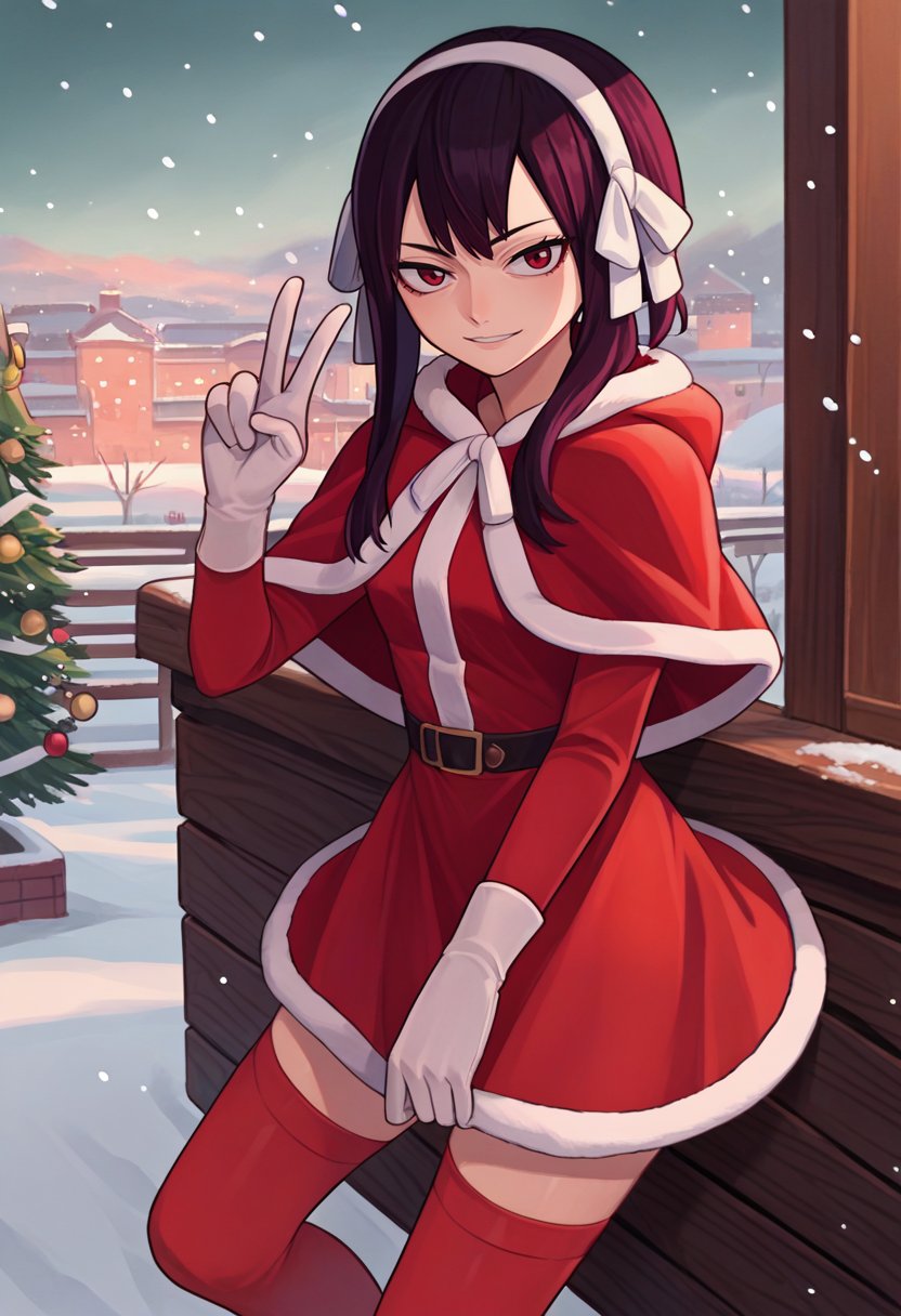 score_9, score_8_up, score_7_up, source_anime, solo, 1girl, ultear milkovich, smile, looking at viewer, v, hair ribbon, white hairband, red eyes, christmas, red capelet, red dress, fur-trimmed dress, long sleeves, white gloves, red thighhighs, snowing, outdoors <lora:fairytail_ultearmilkovich_ponyXL:1>