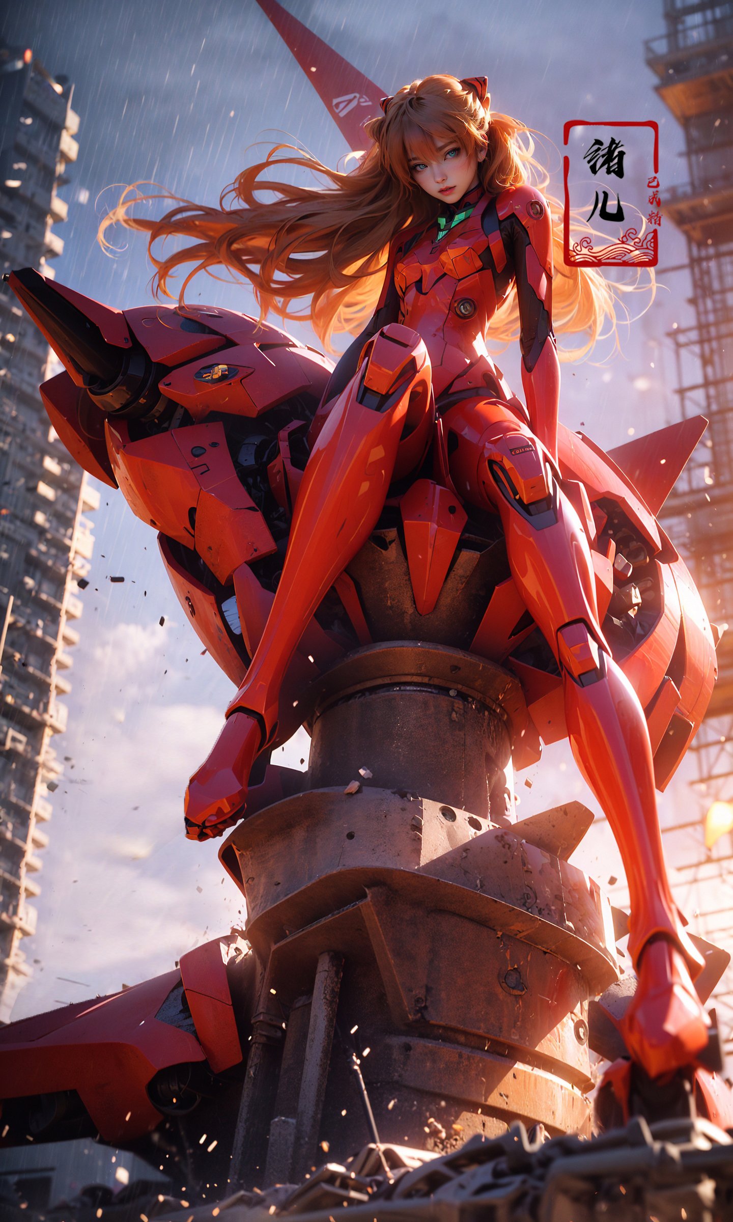 Epic CG masterpiece, Asuka Langley Soryu,hdr,dtm, full ha, Sitting on mecha device, 8K, ultra detailed graphic tension, dynamic poses, stunning colors, 3D rendering, surrealism, cinematic lighting effects, realism, 00 renderer, super realistic, full - body photos, super vista, super wide Angle, HD,<lora:绪儿-明日香Asuka Langley Soryu:0.8>