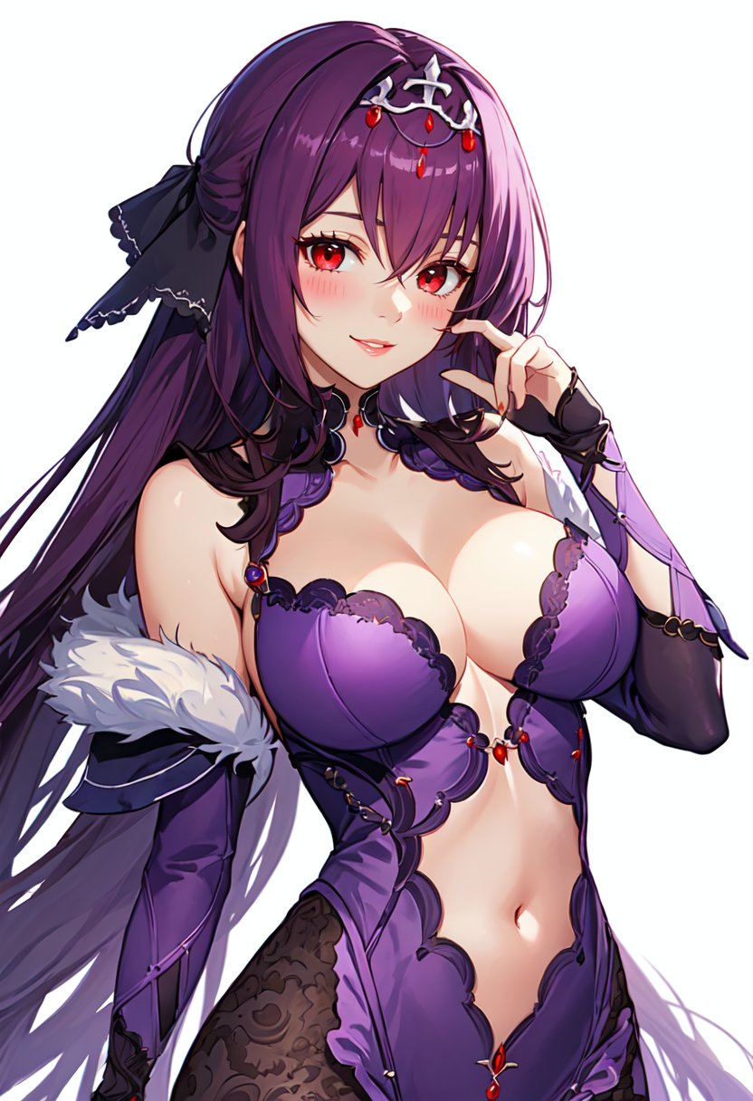 best quality, masterpiece, highres, solo, (scathach_skadi_fgo:1.10), 1girl, cleavage cutout, fur trim, holding wand, looking at viewer, purple dress, smile, tiara, simple background, covered navel, blush, choker, collarbone, hair ribbon, parted lips, purple bodysuit, shoulder armor, white background, 6 <lora:scathach_skadi_fgo:0.80>